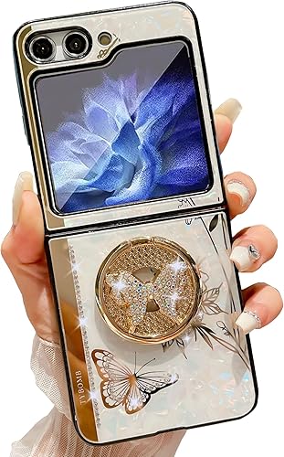 Miniatura 10 de Funda para Galaxy Z Flip5 con función atril, bonita y elegante diseño de mariposas y diamantes de imitación de lujo, a prueba de golpes, de TPU