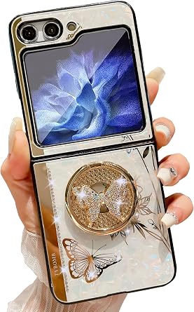 Kickstand Case for Galaxy Z Flip5,Cute Bling Butterfly Floral Elegant Luxury Rhinestone Diamond Shockproof Soft TPU Bumper Cover for Girls Women for Samsung Galaxy Z Flip 5 2023 White