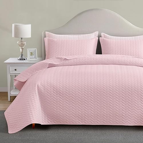 Maple&Stone Juego de edredón tamaño King, colcha rosa ligera con patrón de cheurón ultrasónico para todas las estaciones, edredón decoración de ropa