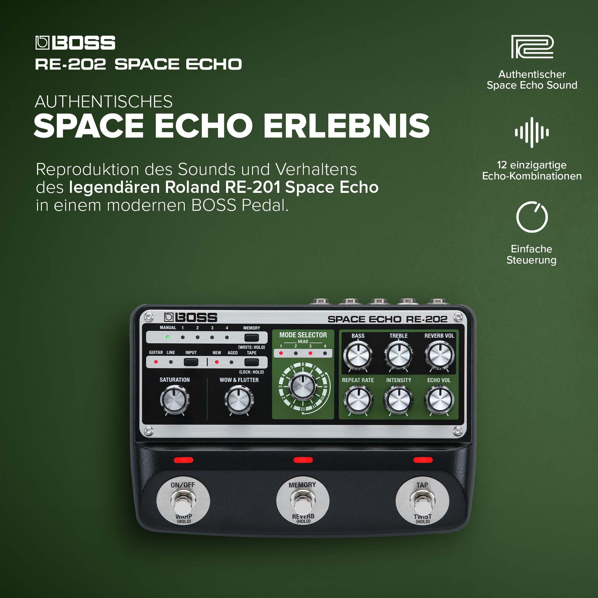 BOSS RE-202 Space Echo Tape Echo Delay Reverb Effektpedal Stereobetrieb Federhall Wow & Flutter