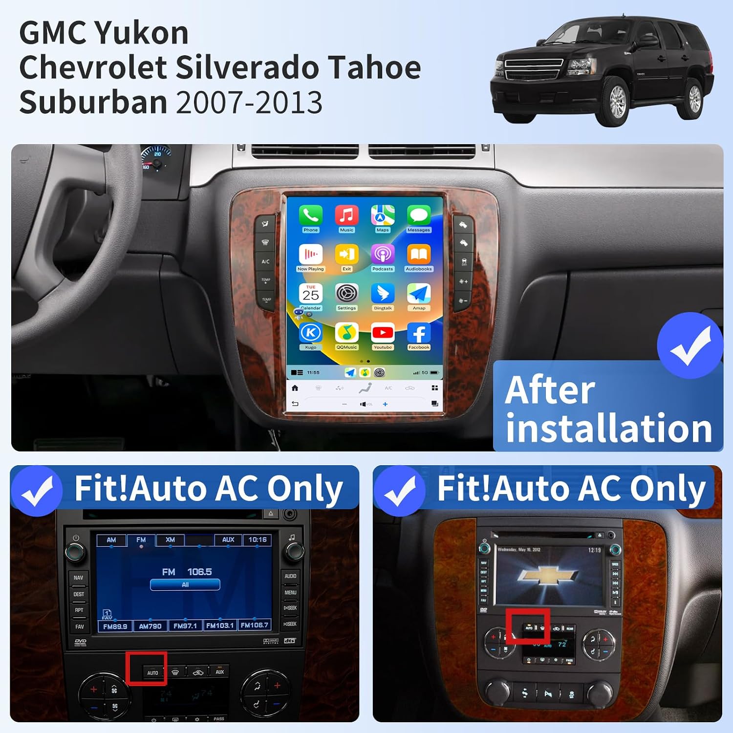 Qualcomm Car Radio Stereo for GMC Yukon Chevrolet Silverado Tahoe Suburban 2007-2013 Carplay & Android Auto Upgrade 2K Screen WiFi GPS BT5.0 FM/AM Backup Camera