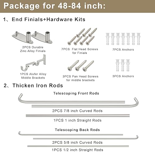 Miniatura 6 de Barra de cortina doble de 48 a 84 pulgadas, cortineros opacos para ventana, 1 pulgada, grande, resistente, ajustable, oscurecimiento de la