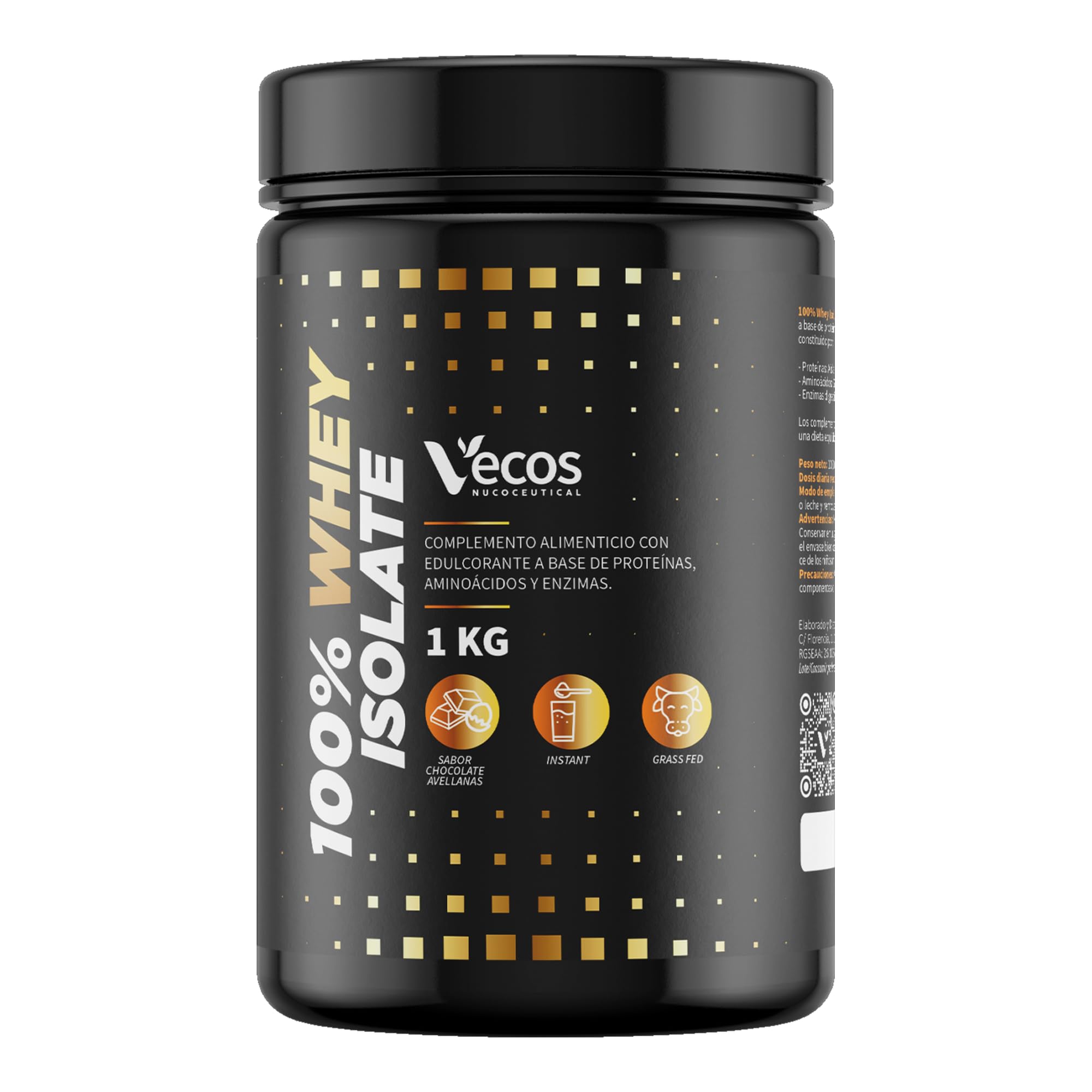 Proteína Whey Isolate 100% Pura – Aislado de Proteína de Suero de Leche 93% Proteína – Grass Fed, Instantánea y Sabor Neutro – 1 Kg – Vecos Nucoceutical (Choco-Avellanas)