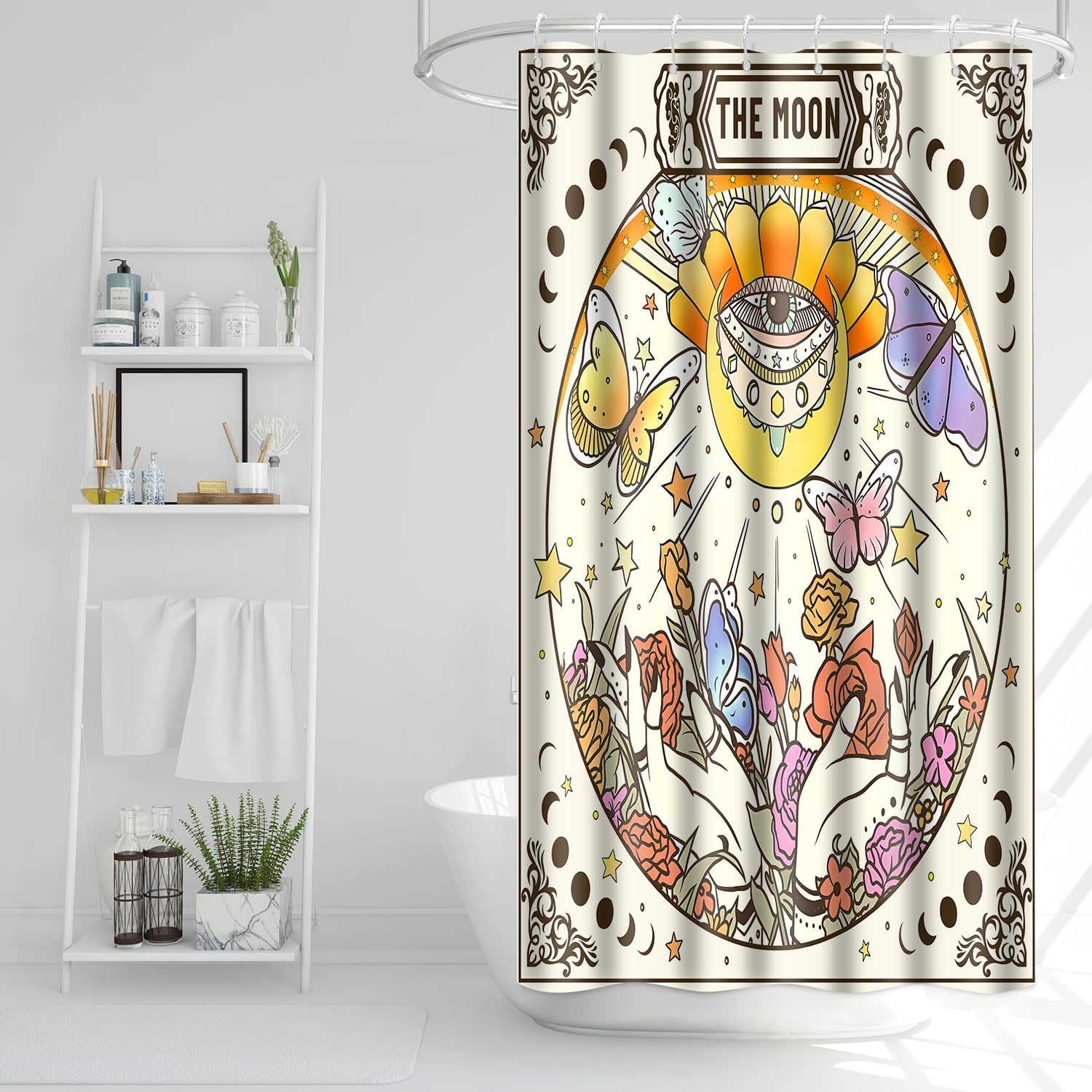 Tarot Shower Curtain, 72x72inch, Retro Floral Evil Eye Bathroom Curtains Sun Moon Star Ouija Hands Gothic Mystical Witchy Bathroom Bathtubs Decor Set with 12 Hooks YLOKTP0208