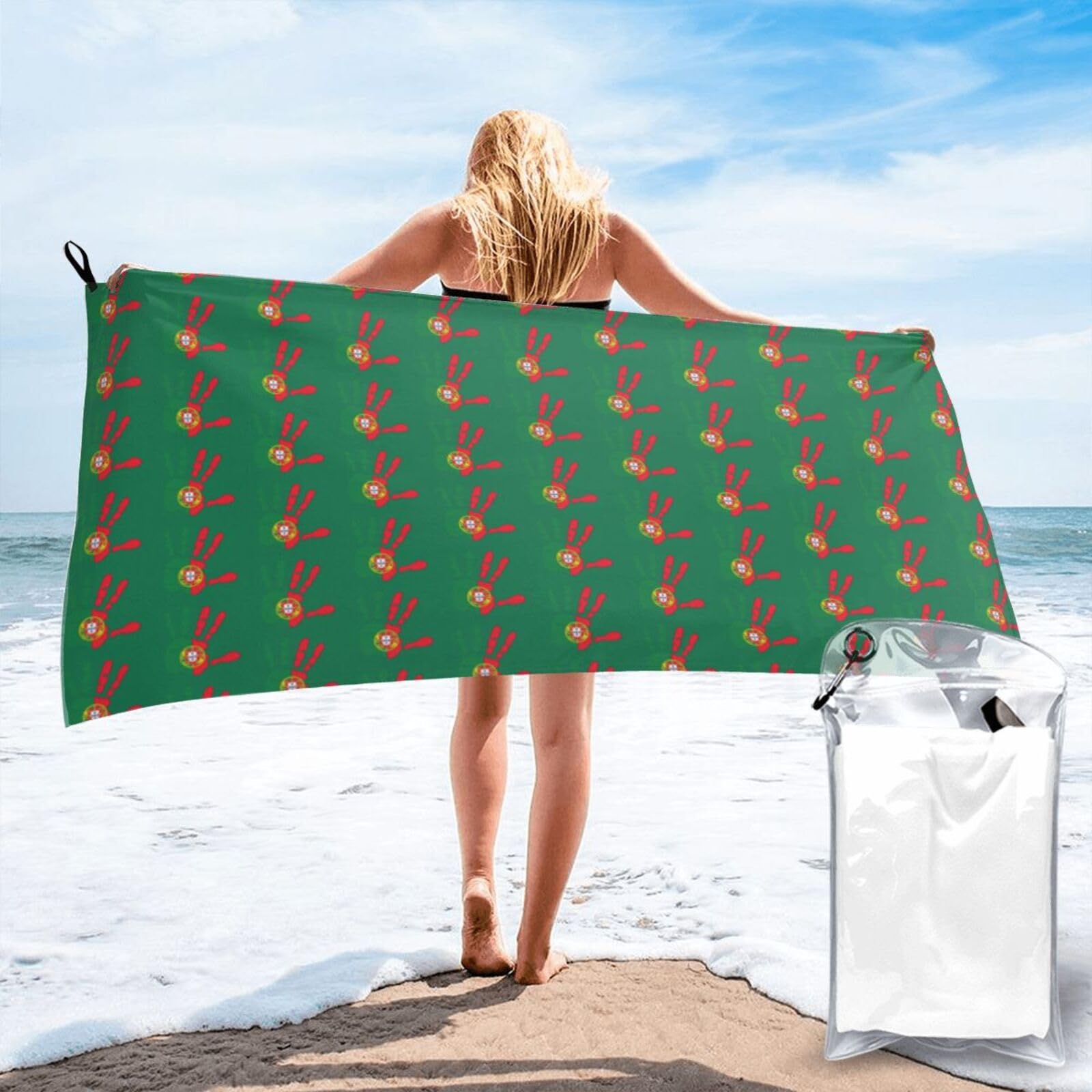 FHIZOAL Handprint Over Portugal Flag Quick Dry Towel Microfibre Towel Super Absorbent Ultra Compact Gym Sports Beach Camping Travel