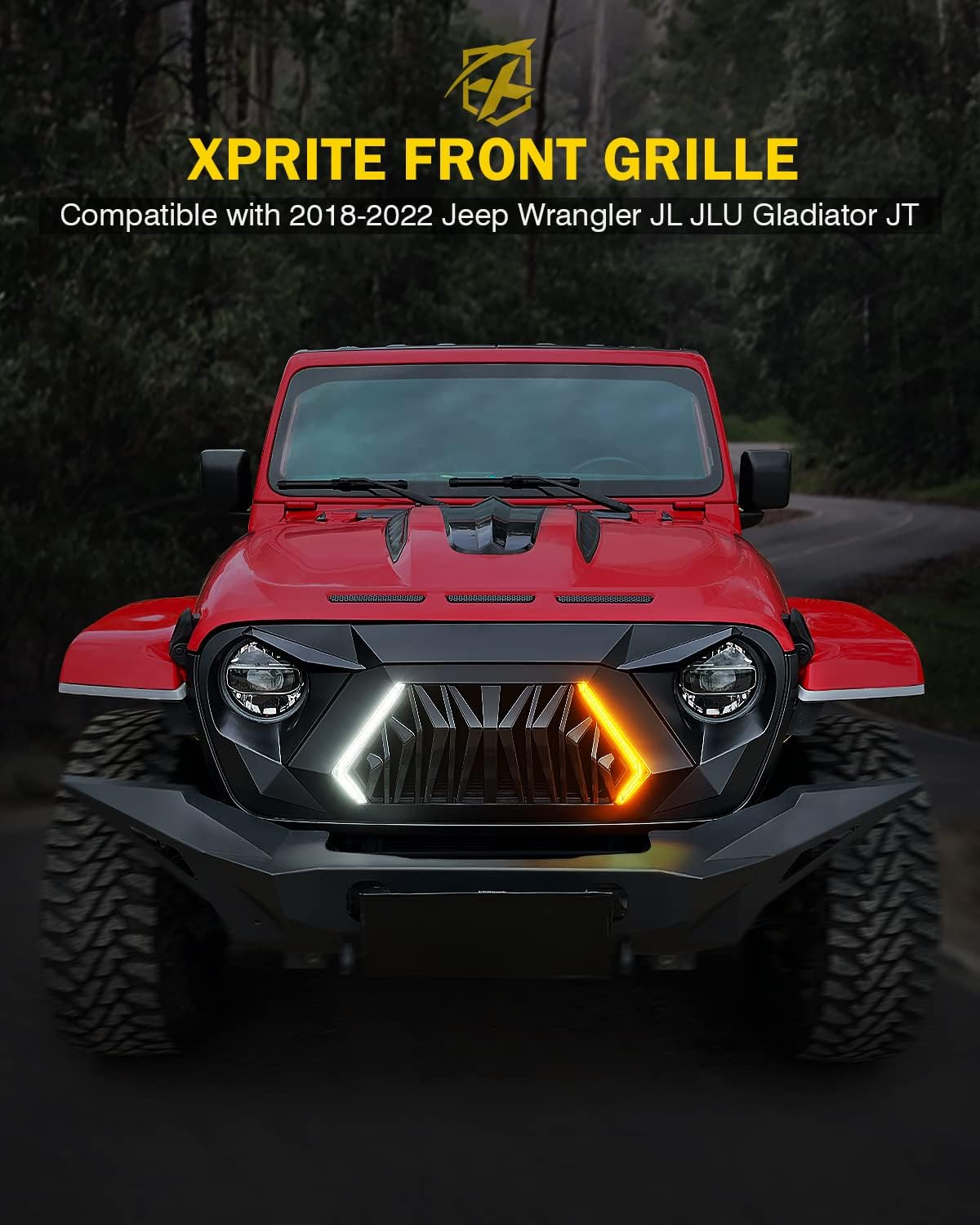 Xprite Front Grill Replacement Compatible with 2018-2026 Jeep Wrangler JL JLU & 2020+ Gladiator JT, Matte Black Shark Grille w/Running and Turn Signals Light