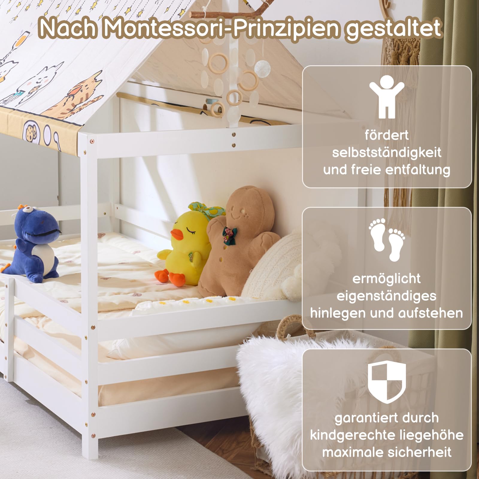 LEADZM Kinderbett Bodenbett 90x200 cm, Kinder Bett Mit Stoffhimmel (Weiß) | Kinderbetten inkl. Rausfallschutz & Lattenrost, Bodenbett Kinder bis 200 kg