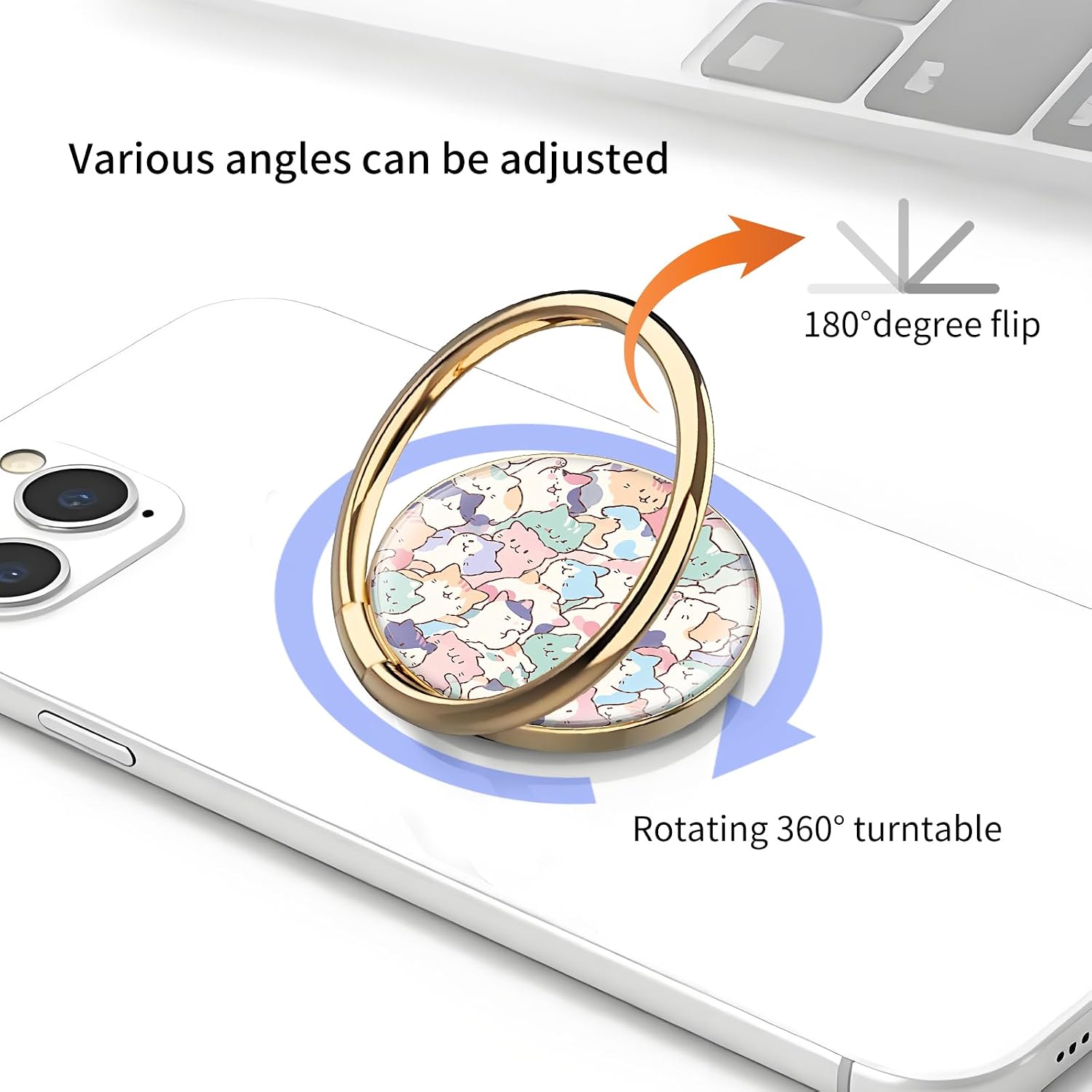 Cell Phone Ring Holder Grip, Luxury Gold Metal Ring Holder 360°Rotation Finger Ring Stand, Cute Large Cell Phone Kickstand Grip Compatible with Most of Phones Cute Pastel Cat image 4