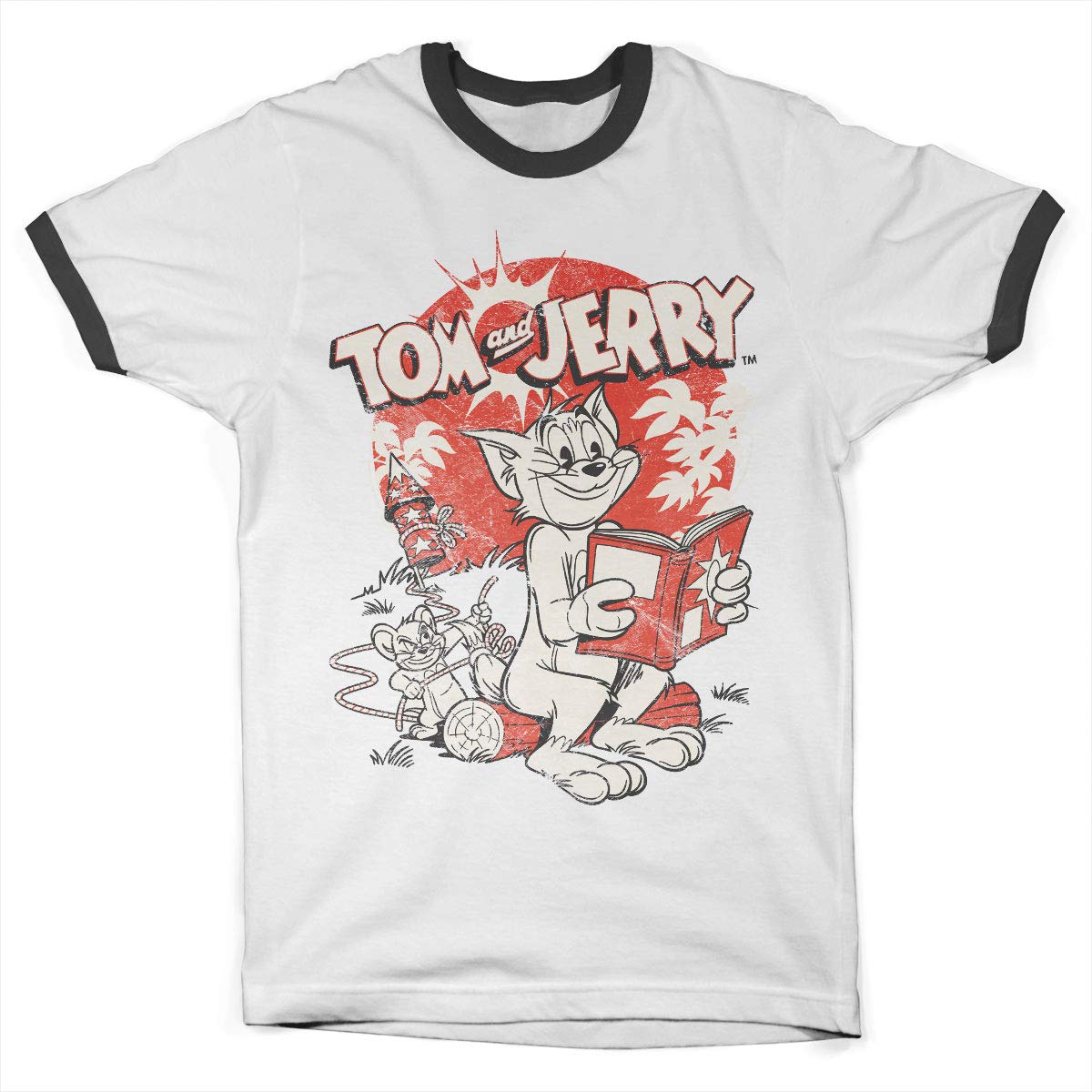 Tom & Jerry Officially Licensed Vintage Comic Ringer Mens T-Shirt (White-Black), M