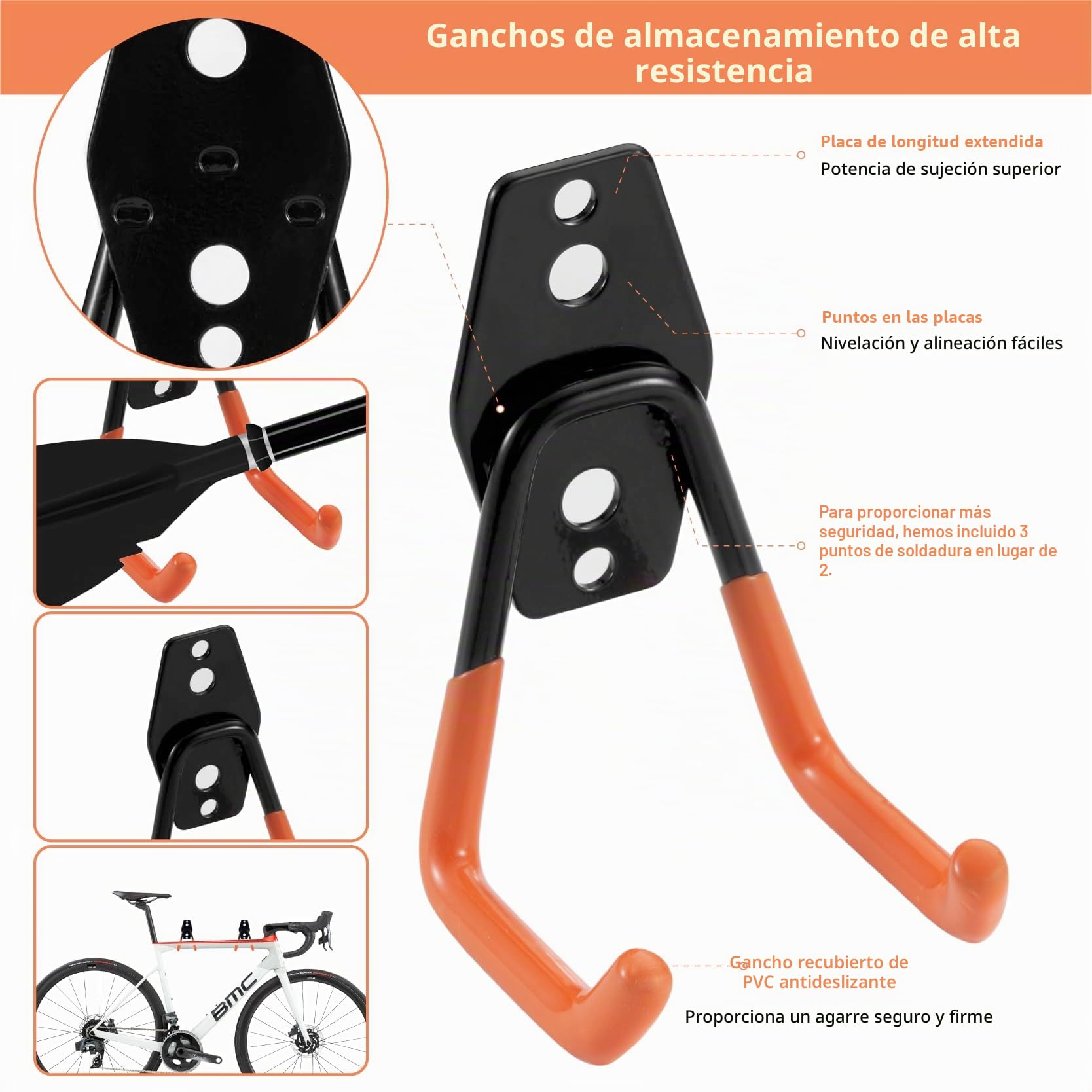 51" Garaje organizador de pared con pequeño gancho en U para bicicletas, escaleras, sillas, escobas, rastrillos, palas (3 rieles)