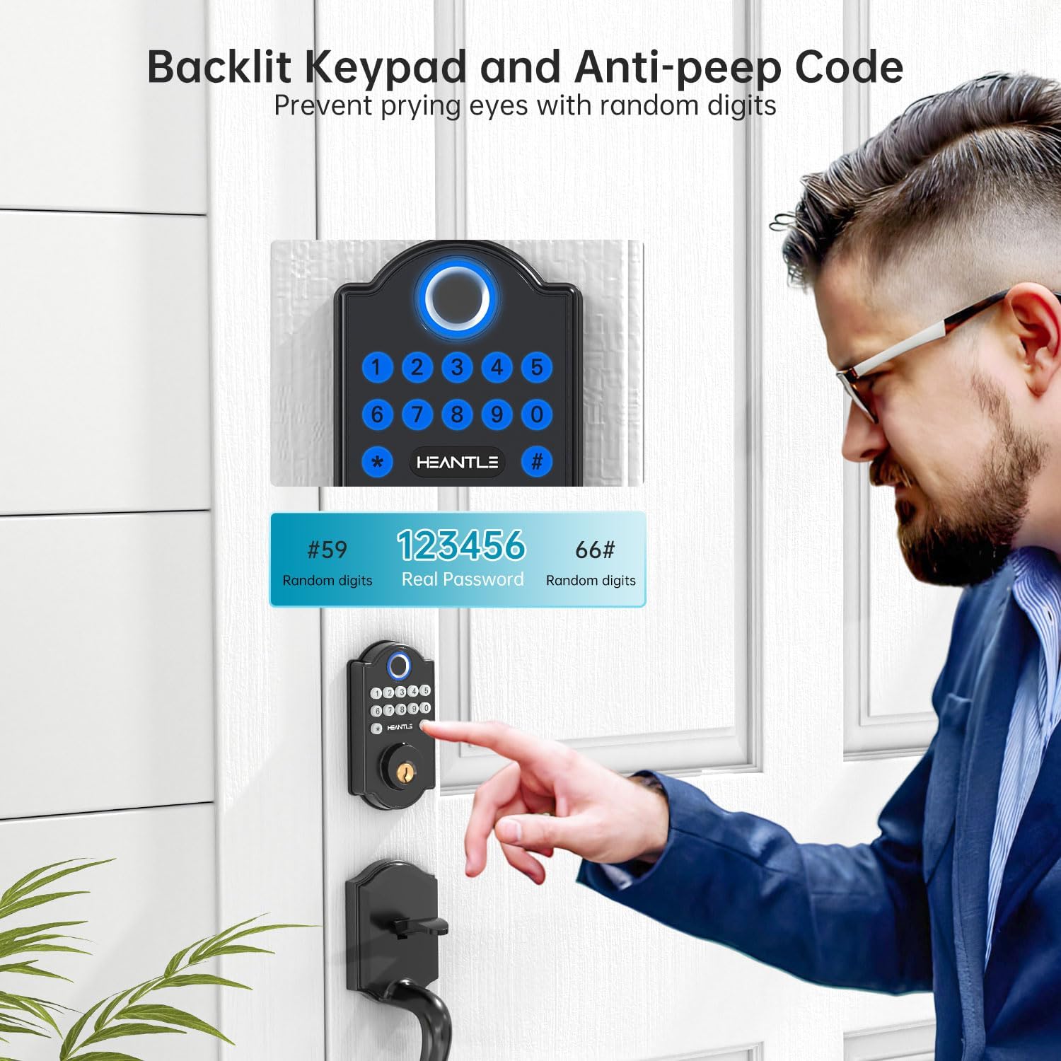 Backlit keypad with anti-peep code functionality, showing random digits before and after the real password.
