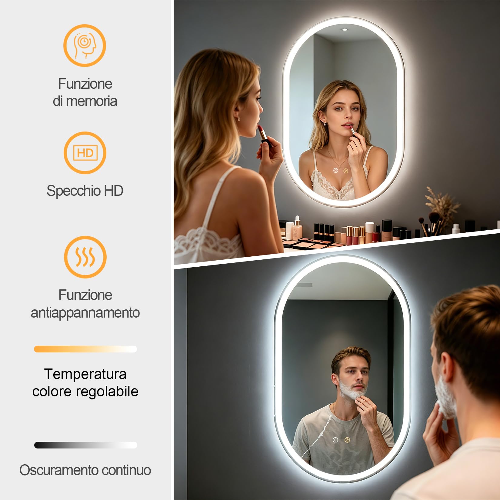 Miroir de salle de bains ovale avec éclairage LED, 80 × 50 cm