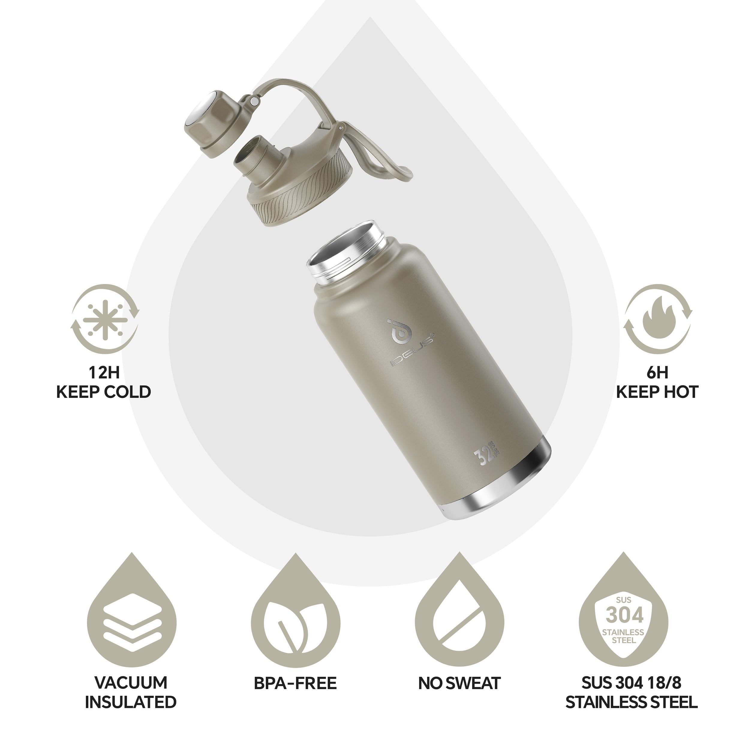 IDEUS Vacuum Insulated Water Bottle 950ml/32oz, Leak-Proof Stainless Steel Water Bottle, Double Wall Flask - Image 2