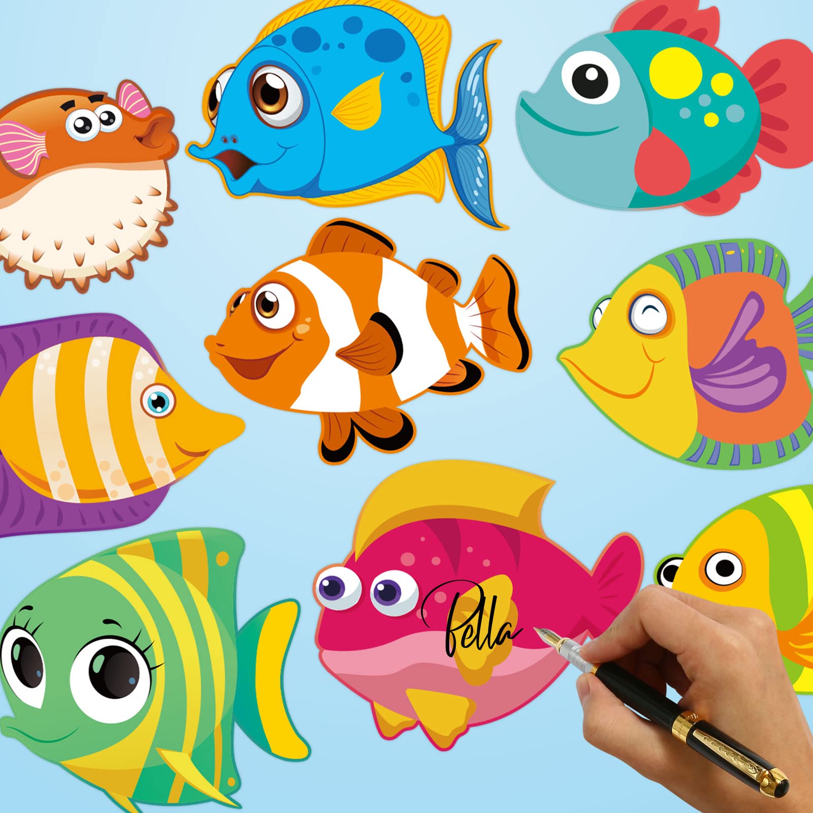 91 PCS Fish Cutouts For Bulletin Boards - 13 Double-Sided Sea Animal Designs With Glue Points