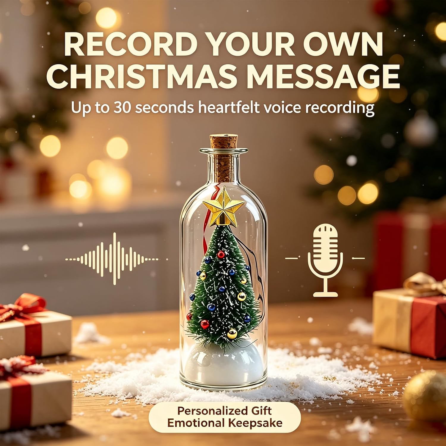 Recordable Christmas Tree Message in a Bottle, Voice Recording Holiday Keepsake with Playback with Snowy Scene and Playback