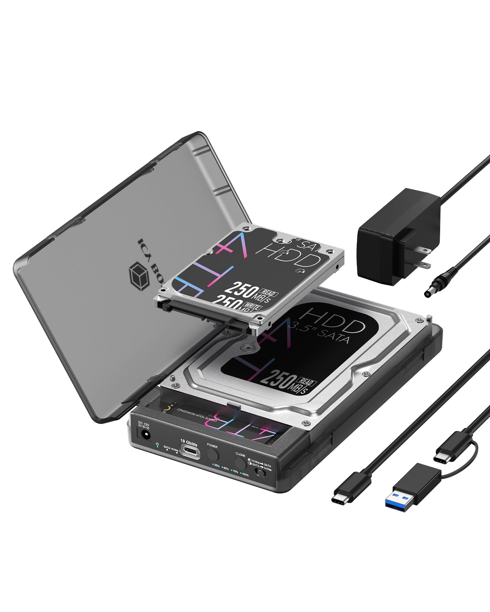 ICY BOX Spade Clone 3882 Docking Station e stazione di clonazione per SSD M.2 NVMe e HDD/SSD SATA 2,5"/3,5", USB-C 3.2 Gen 2 (10 Gbps), clonazione offline, HotSwap, IB-3882MSCL-CU31