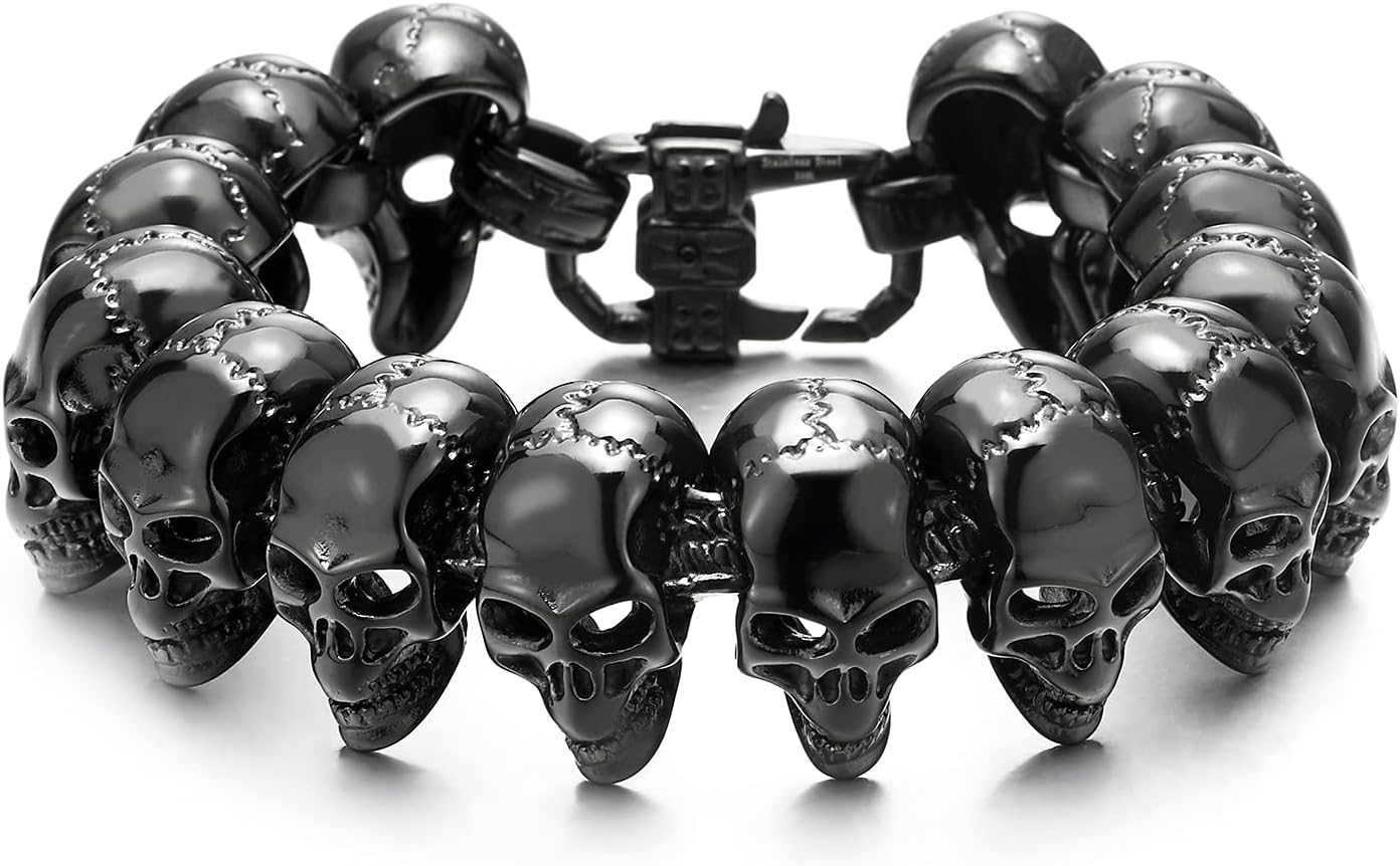 COOLSTEELANDBEYOND Mens Stainless Steel Large Skull Link Bracelet Biker Gothic Style High Polished