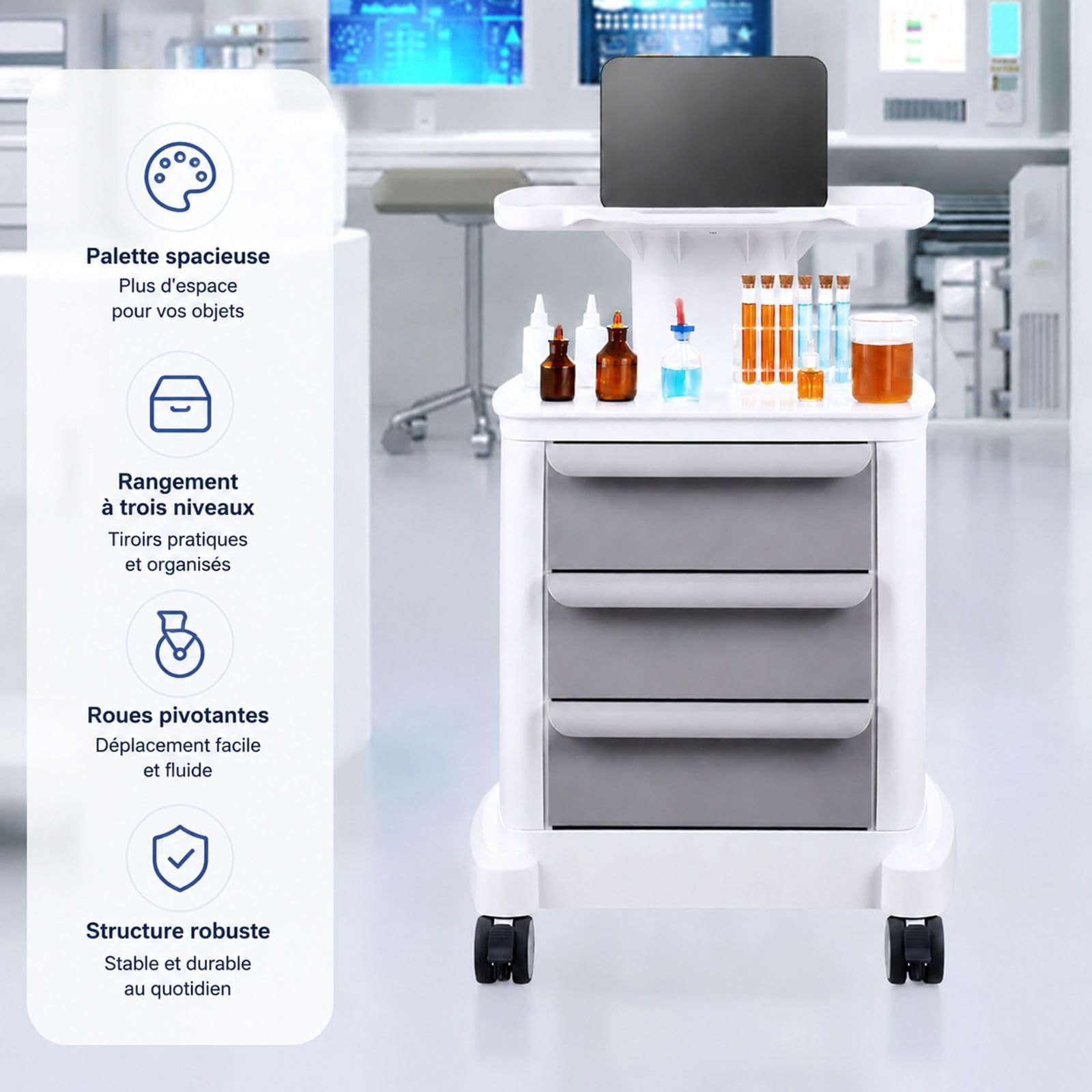 Chariot de Laboratoire 4 Niveaux avec 3 tiroirs, Blanc, Chariot Roulant pour Laboratoire, Bureau et Rangement