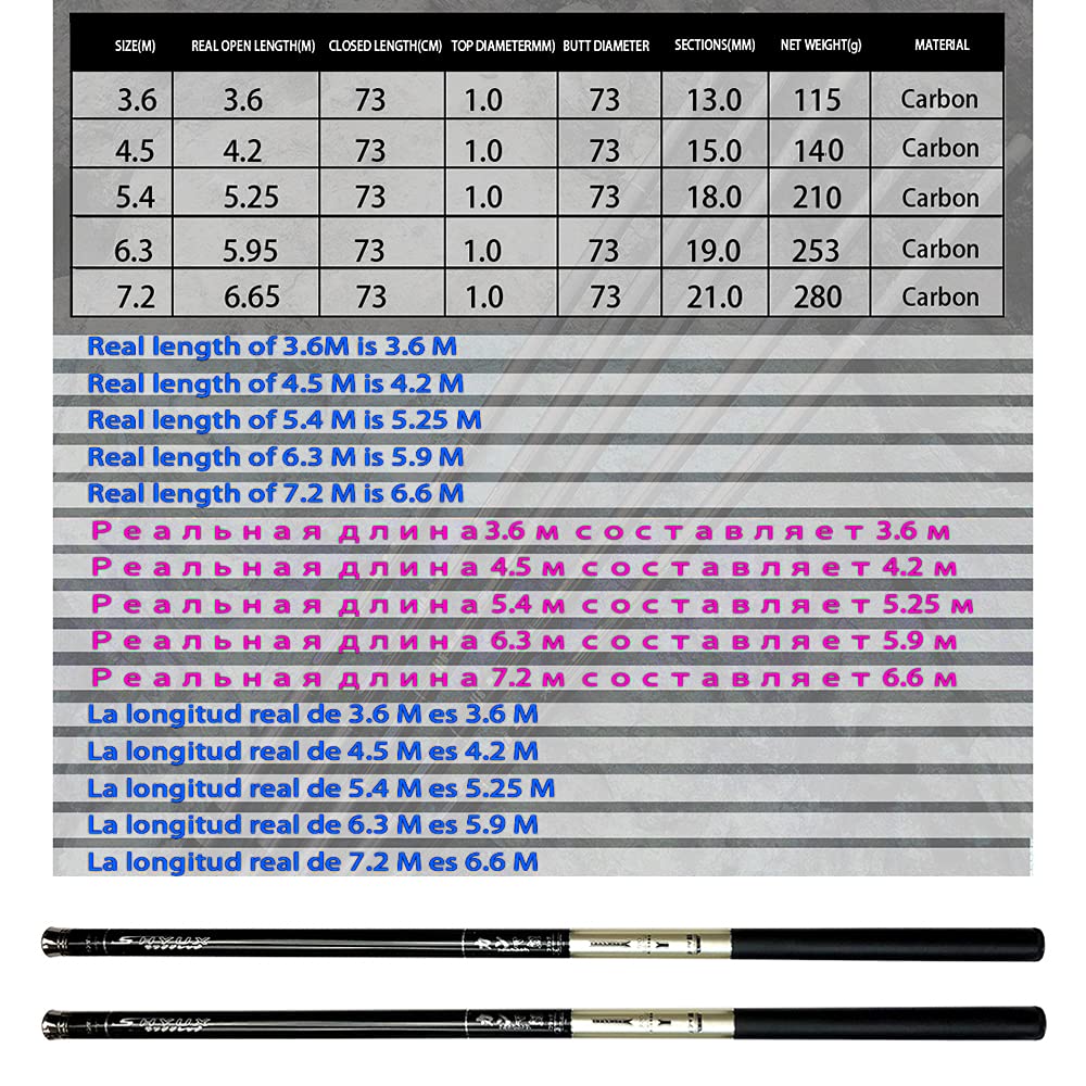 CañAs De Pescar 1 PCS Polo de Pesca de Agua Dulce sin Anillo Varillas telescópicas de Fibra Alta de Carbono Varilla de la Corriente de la Mano 3.6/4.5/5.4/6.3/7.2m CañA De Pescar(6.3 m)