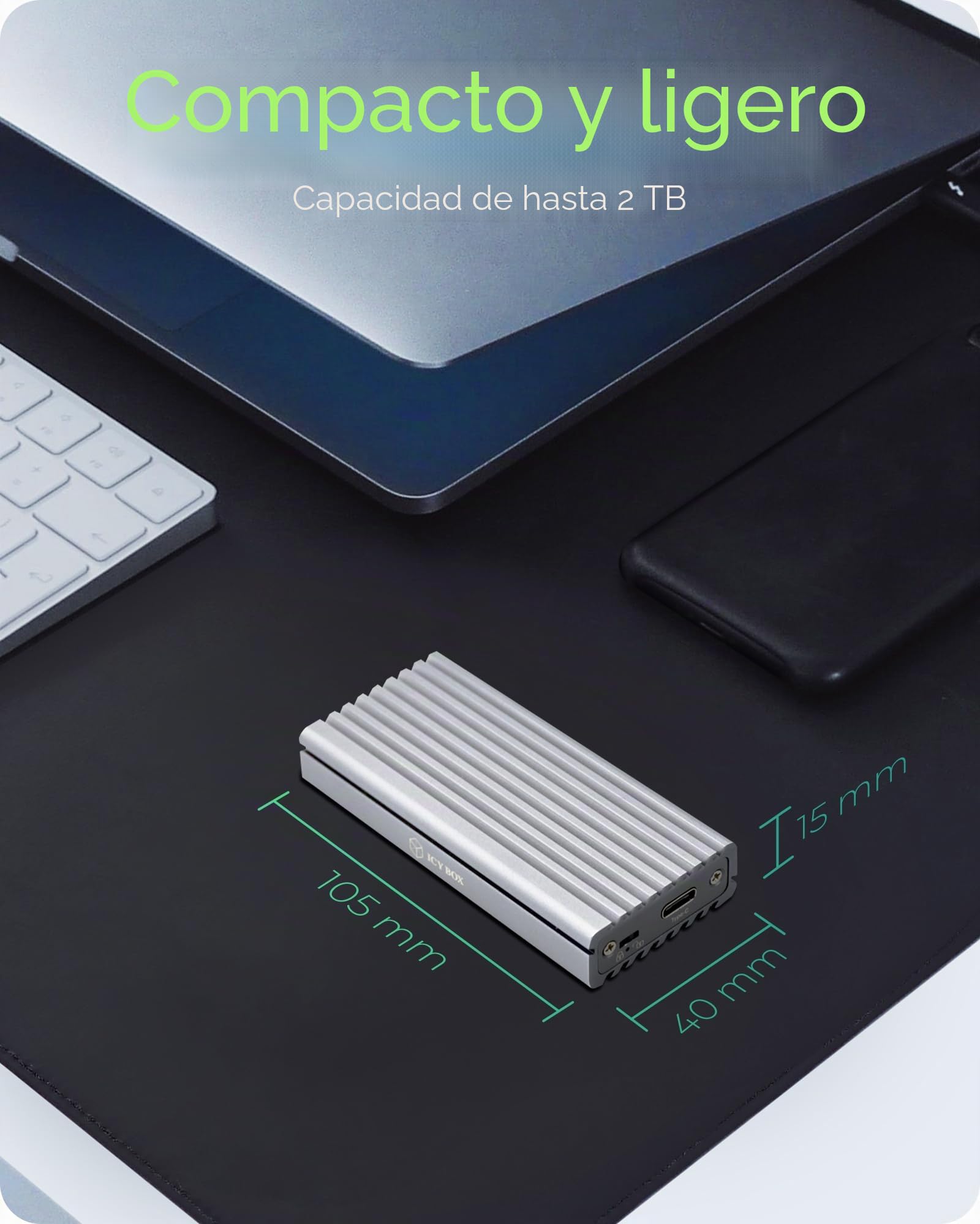Icy Box Caja SSD M.2 NVMe USB 3.1 (Gen2, 10 Gbps), Sistema de refrigeración, USB-C, USB-A, PCIe M-Key, Aluminio, Plata