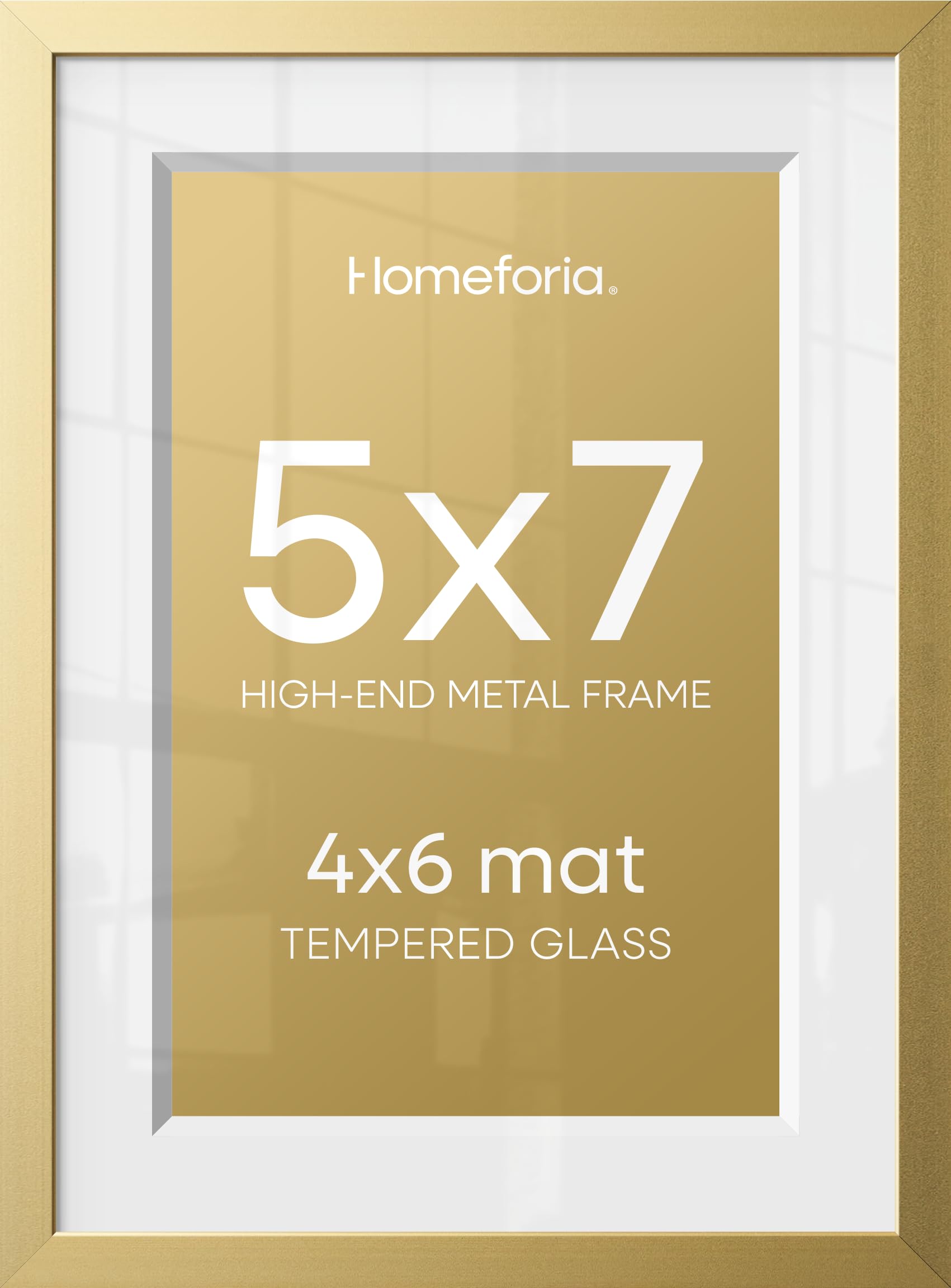 Homeforia 5x7 Gold Picture Frame, High-End Metal, 4x6 Mat, Glass | High End Aluminum, Tempered Glass, Acid-Free 4x6 Removable Mat, 5x7 in Edge-to-Edge Display 7x5, Wall Kit, Set Of 1
