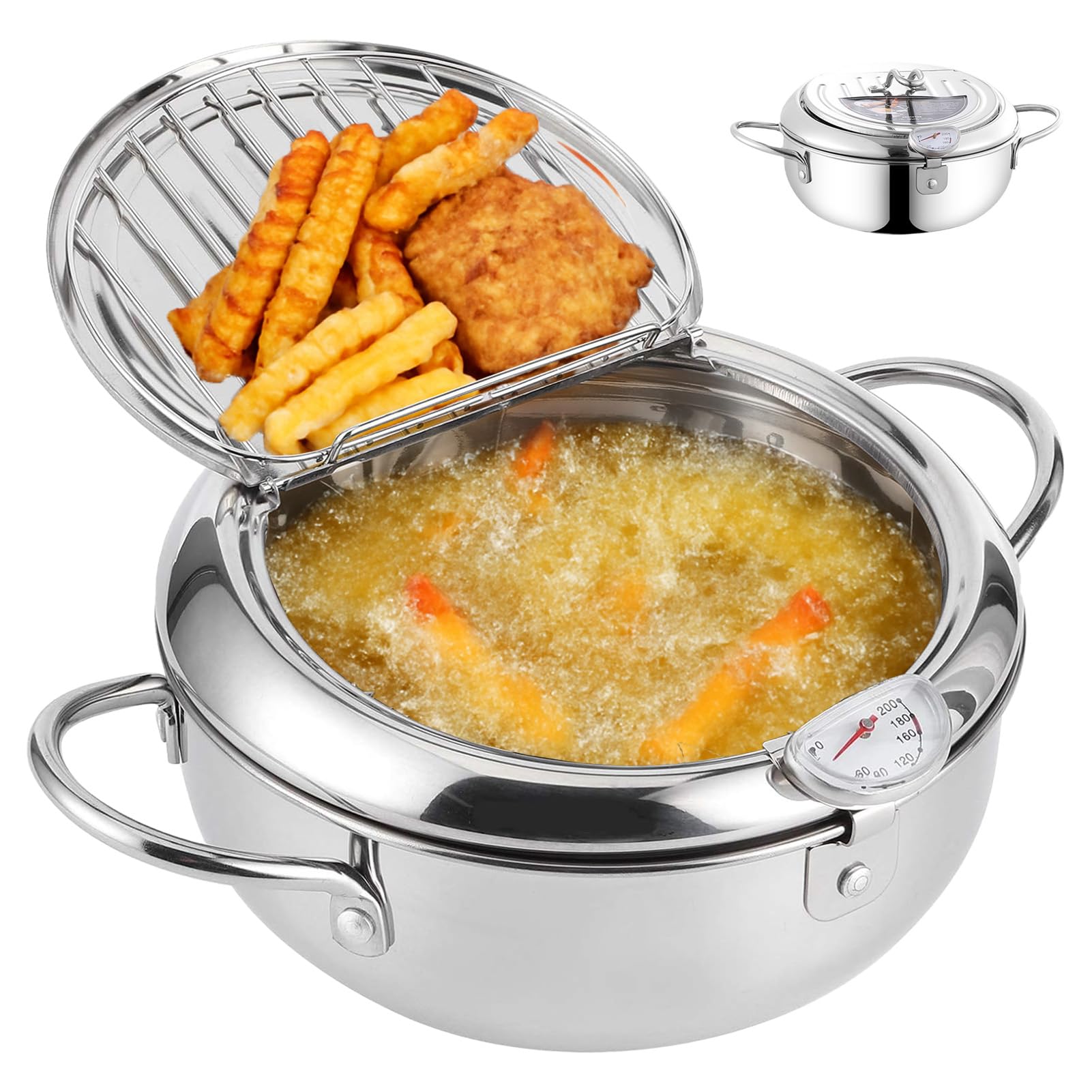 Pentola per friggere in acciaio inox, 2,2 l, con termometro e coperchio, per patatine fritte, ali di pollo e gamberetti