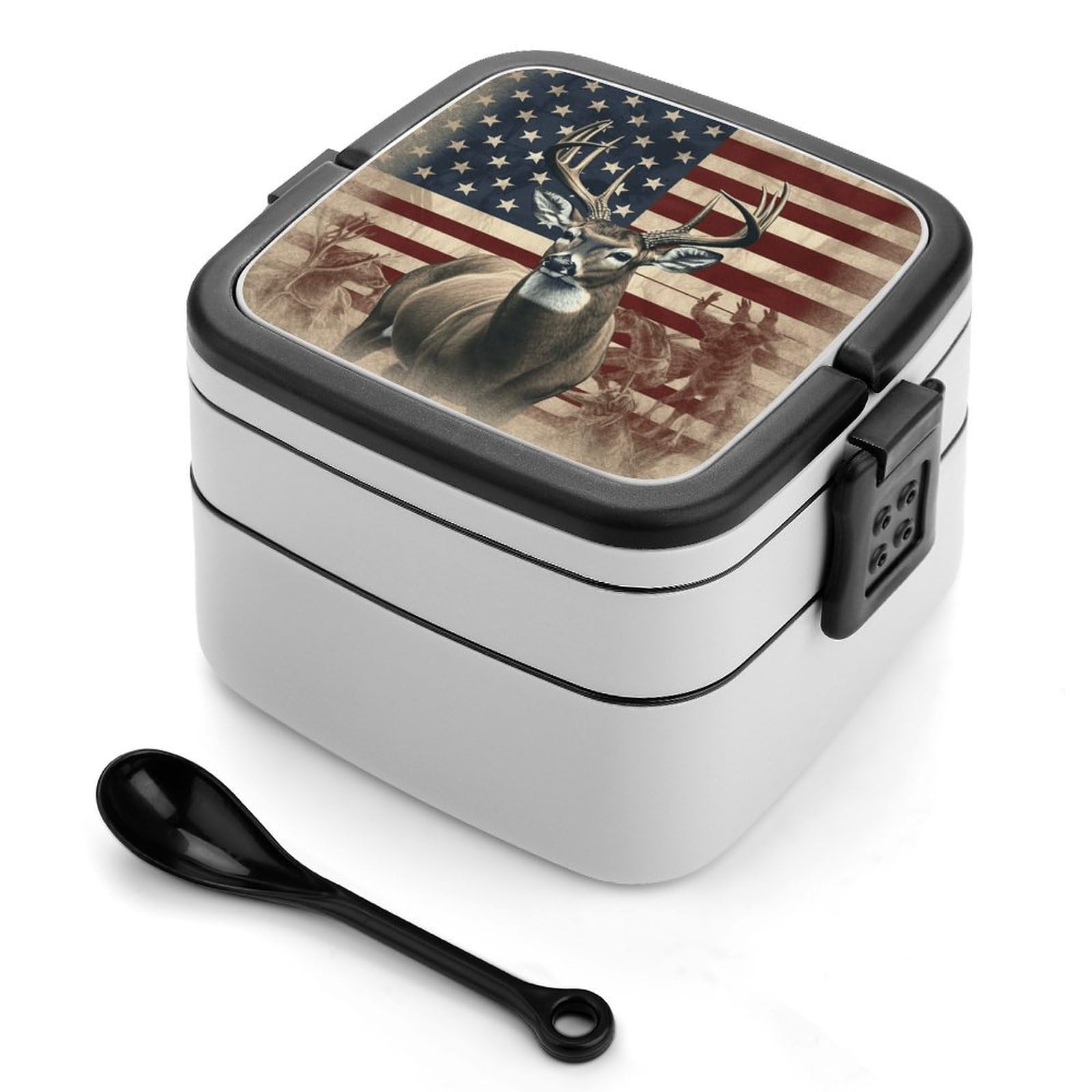 VstaDank Americana Flag Deer Bento Box with Compartments Portable Lunch Containers with Spoon Leak Proof Bento Lunch Box Snap-On Design Double-Layer Insulated Lunch Boxes for Work Camping