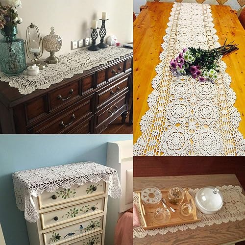 Miniatura 2 de KEPSWET - Camino de mesa rectangular de algodón, hecho a mano, estilo de crochet para mesa auxiliar, color beige