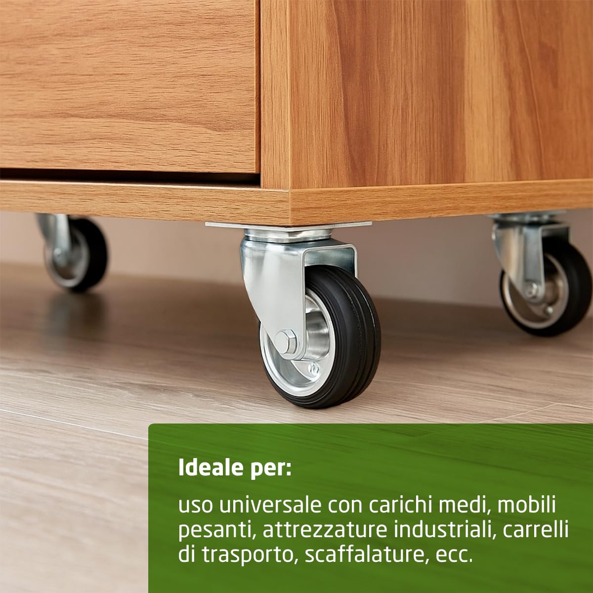 Amig - Set di 4 Ruote per Mobili - Ø 100 mm - Portata Massima per Ruota 90 kg - Piastra in Acciaio - Realizzate in Gomma - Senza Freno - Ideali per Spostare Attrezzature Industriali e Mobili Pesanti