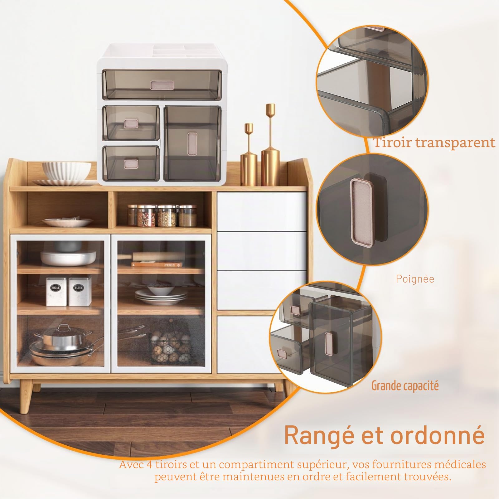 Boîte à Pharmacie 4 Tiroirs Transparents,avec Système de Tri | Rangement Médicaments Portable,Organiseur pour Vitamines, Cosmétiques, Bijoux, Maison Bureau