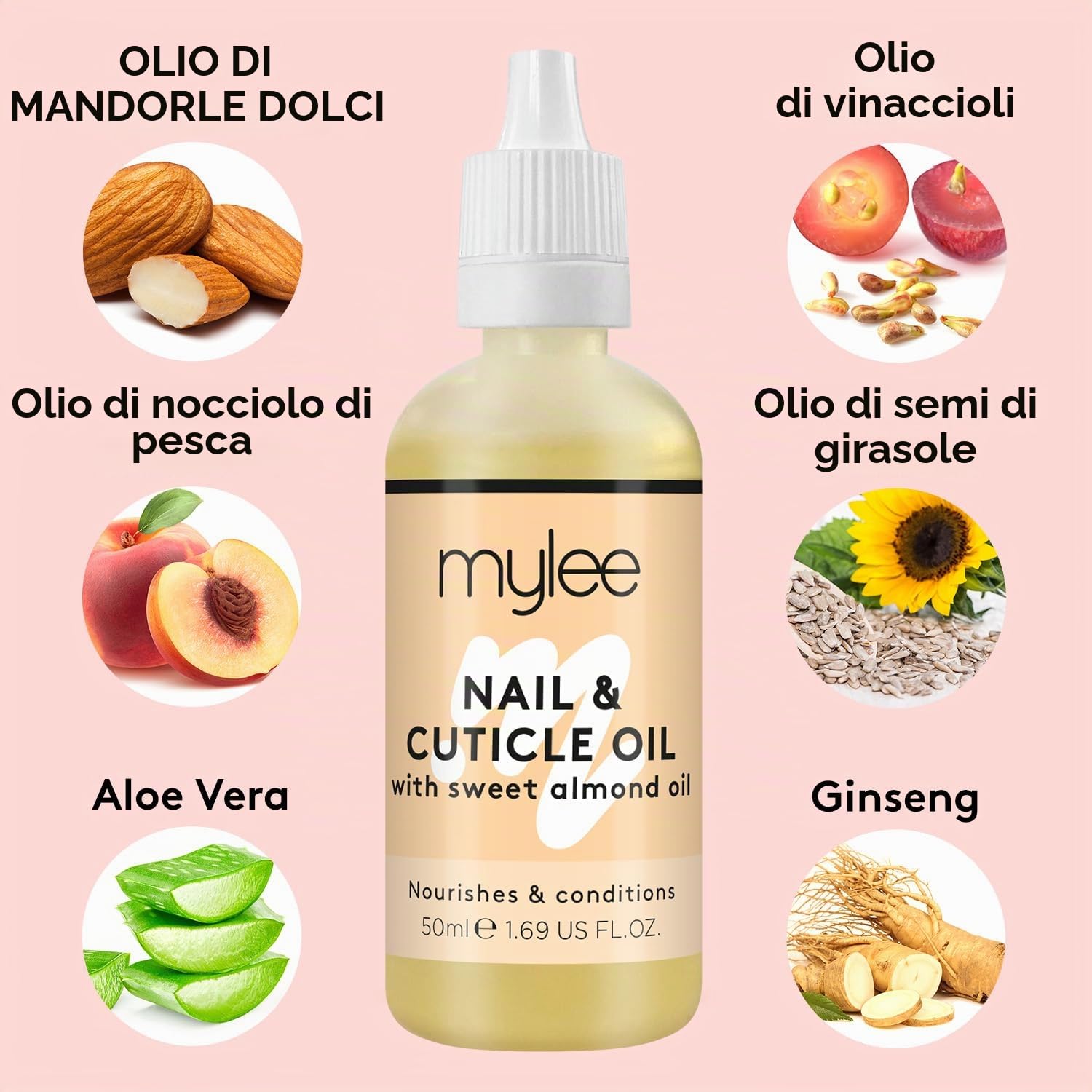 Mylee Olio per Unghie e Cuticole alle Mandorle Dolci 50ml – Olio Balsamo Profondamente Idratante e Nutriente, Formula non Grassa e Senza Residui, Non Unge, Delicatamente Profumato