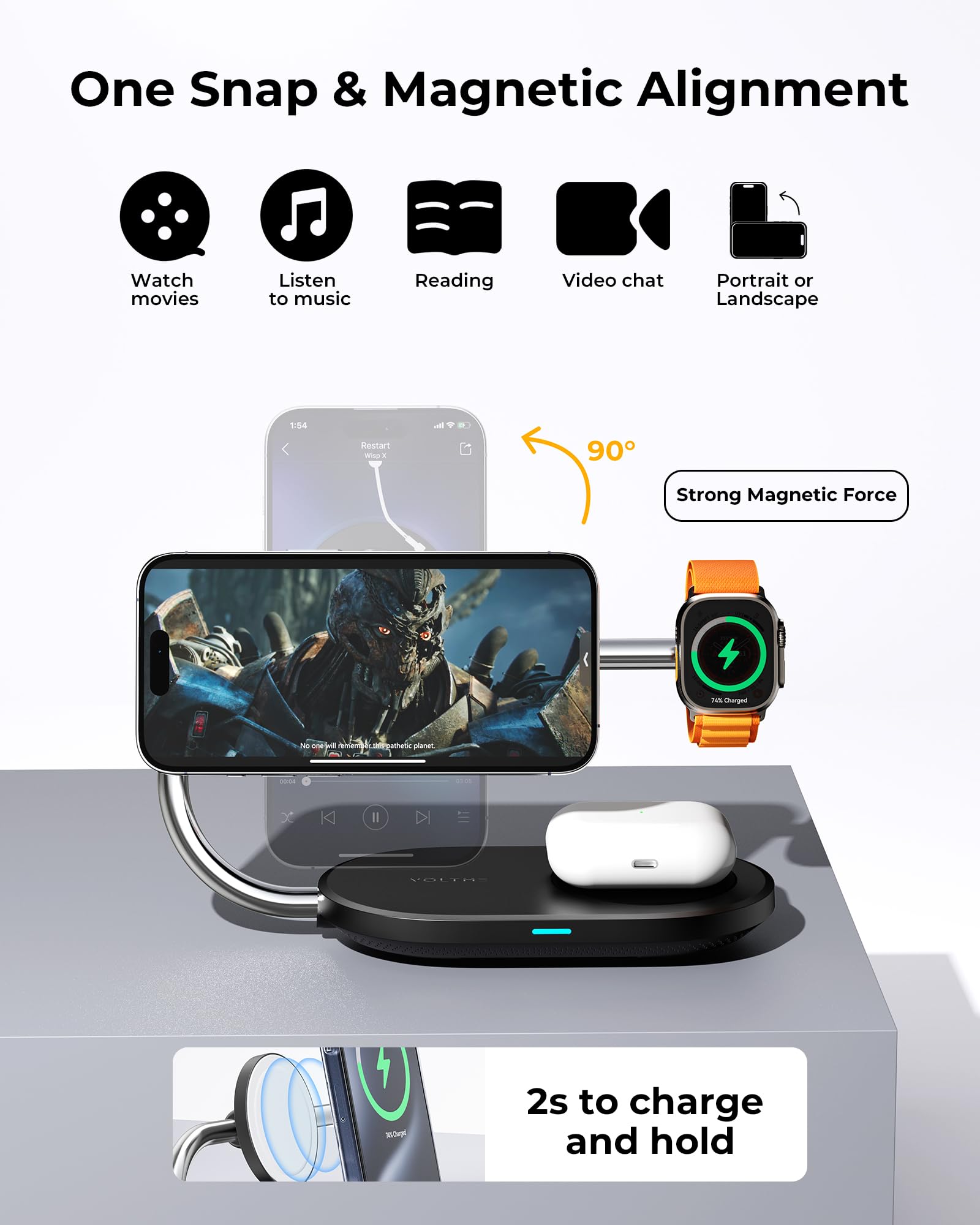 VOLTME MagPak 3 en 1 Cargador Inalámbrico, 15W Base de Carga Plegable de Viaje Qi2, Recarga Rápida Compatible con iPhone 16 15 14 13 Pro MAX Airpods iWatch y Otros, Incluye 40W USB-C Cargador y Cable