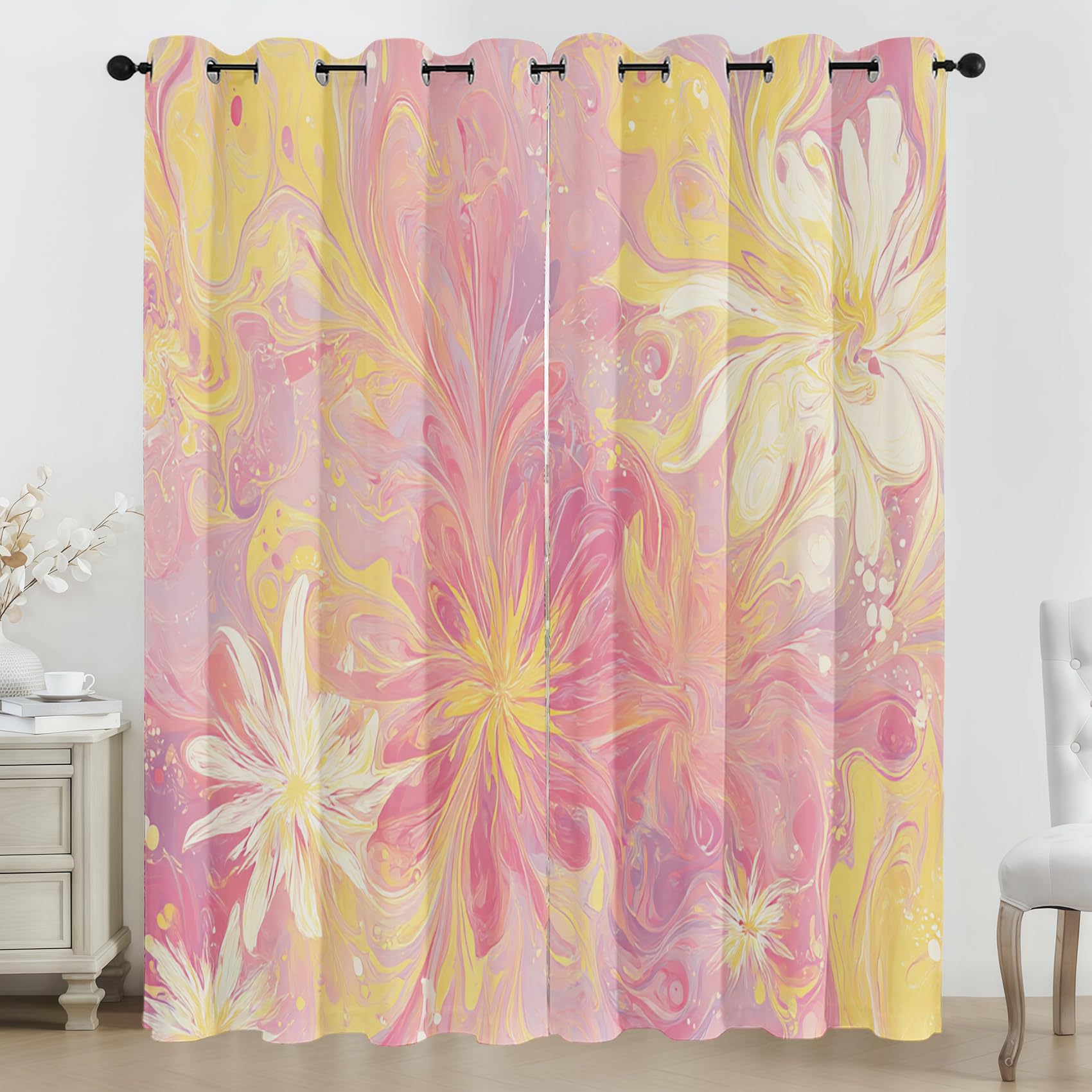 Rideau occultant marbre rose jaune floral abstrait rideaux de fenetre thermique chambre salon