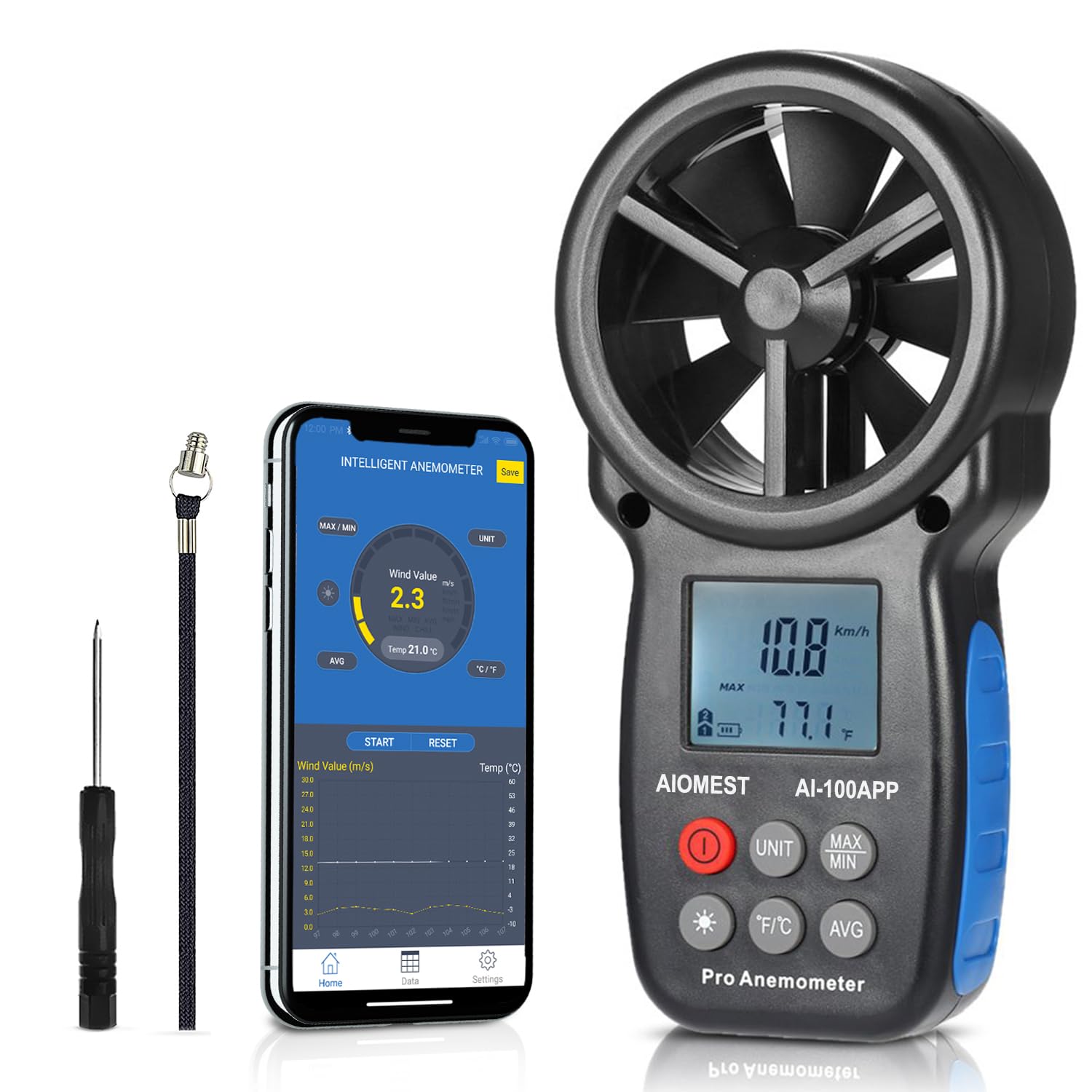 Anémomètre Enregistreur Bluetooth Compteur de Vent Vitesse, AIOMEST Anemometre Portable Connecté Mesureur Vitesse du Vent 30m/s et Température, Pour HVAC/CVC,VMC, Drone et Vents Conduits