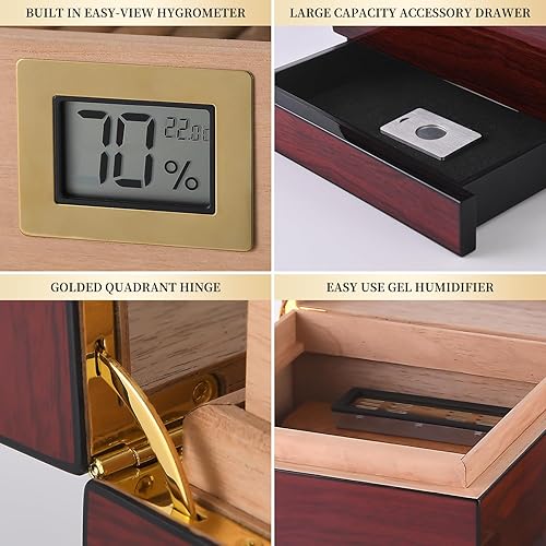 Miniatura 2 de Caja de madera de cedro español, caja de madera de cedro español, caja de madera transparente con higrómetro digital y humidificadores, capacidad