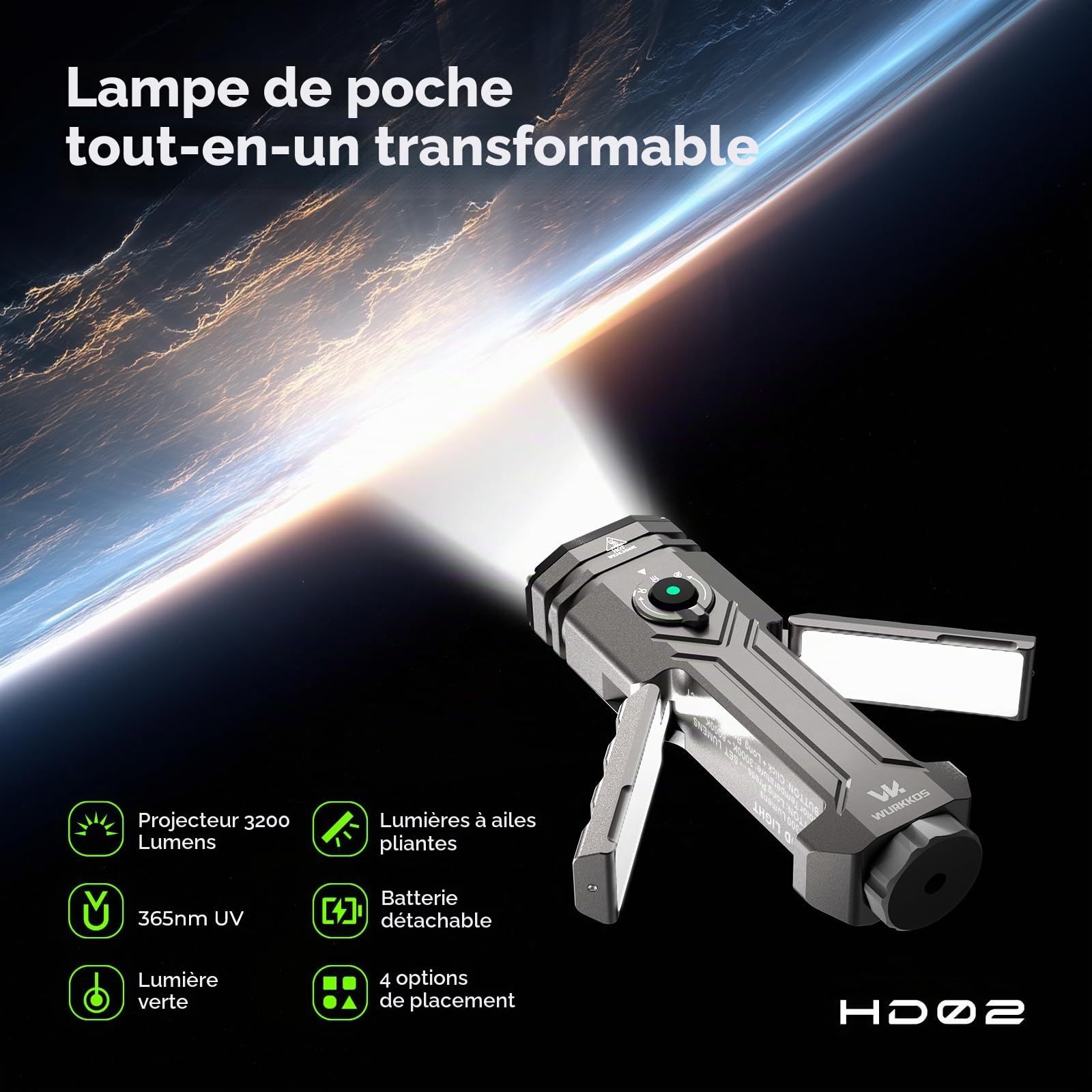 Wurkkos HD02 Lampe de poche 3200lm 4-en-1, USB-C, IPX6, EDC | Lumière UV 365nm et verte, panneaux pliables, batterie 5000mAh, base magnétique, idéale pour le camping et le bricolage