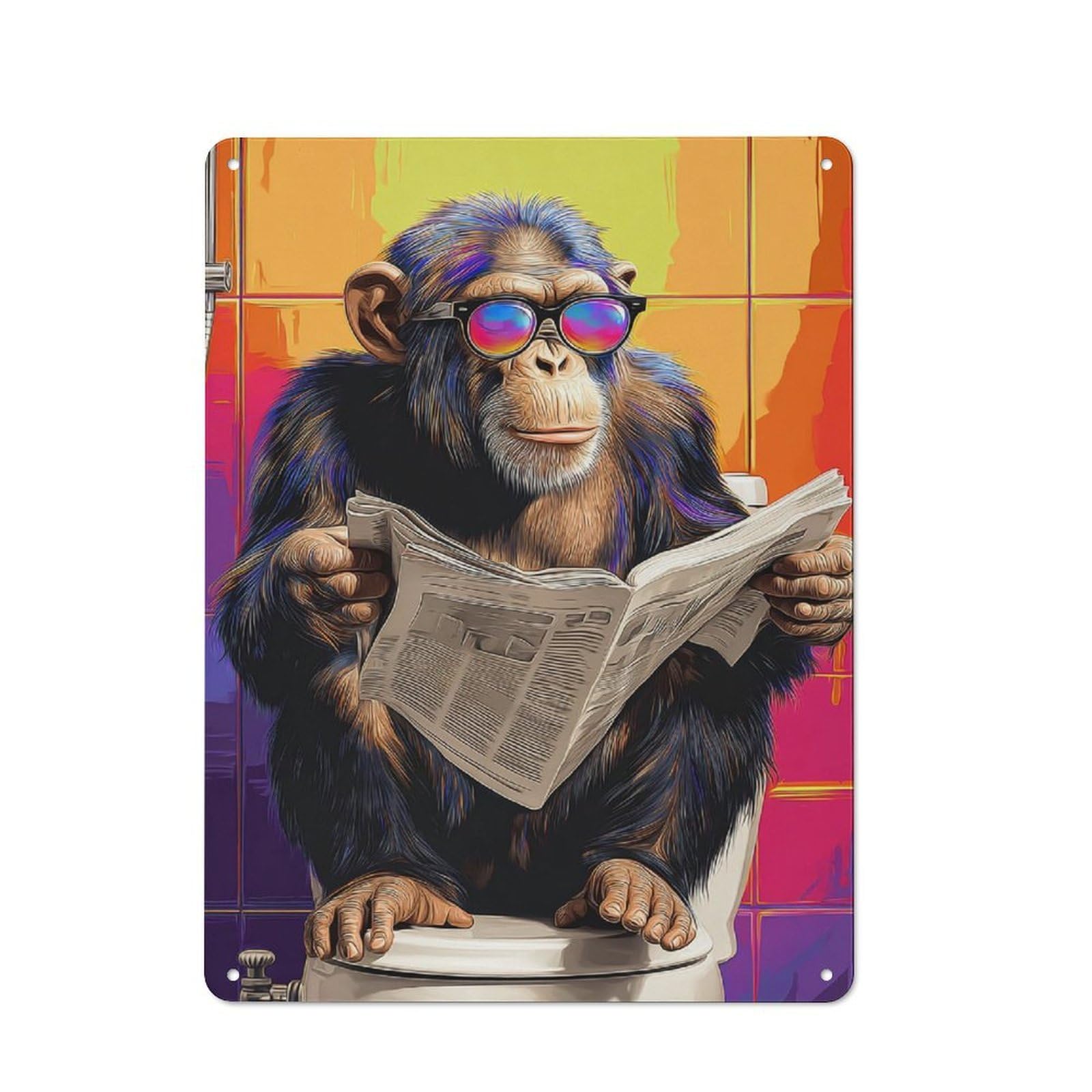 Junmoney Chimp Reading Newspaper On Toilet For Studio Or Craft Room, Retro-Style Tin Sign 40X30cm, For Metal Sign Collectors, For Garage And Workshop Walls