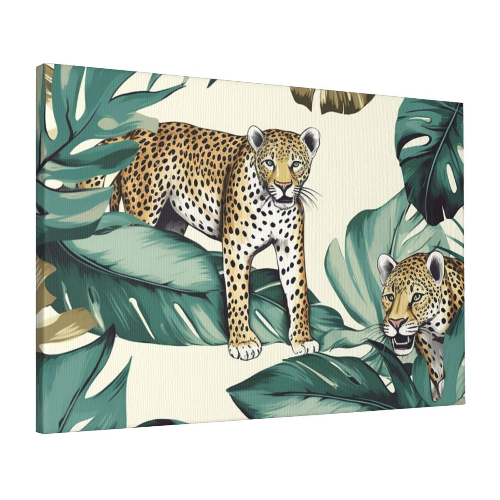 FodPand Canvas Wall Art for Living Room Wall Decor 16"x24" Modern Artwork Painting Pictures Hanging Canvas Prints Leopard And Palm Leaves Aesthetic Wall Art for Bedroom Bathroom Office Wallart Decor