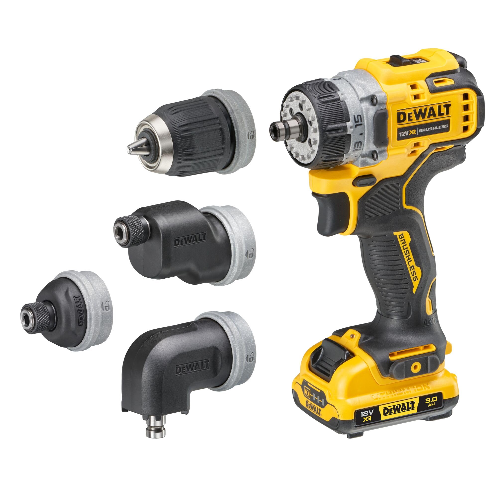 DEWALT DCD703L2T-GB XR Lot de 4 perceuses multi-têtes sans balais avec chargeur 2 x 3 Ah