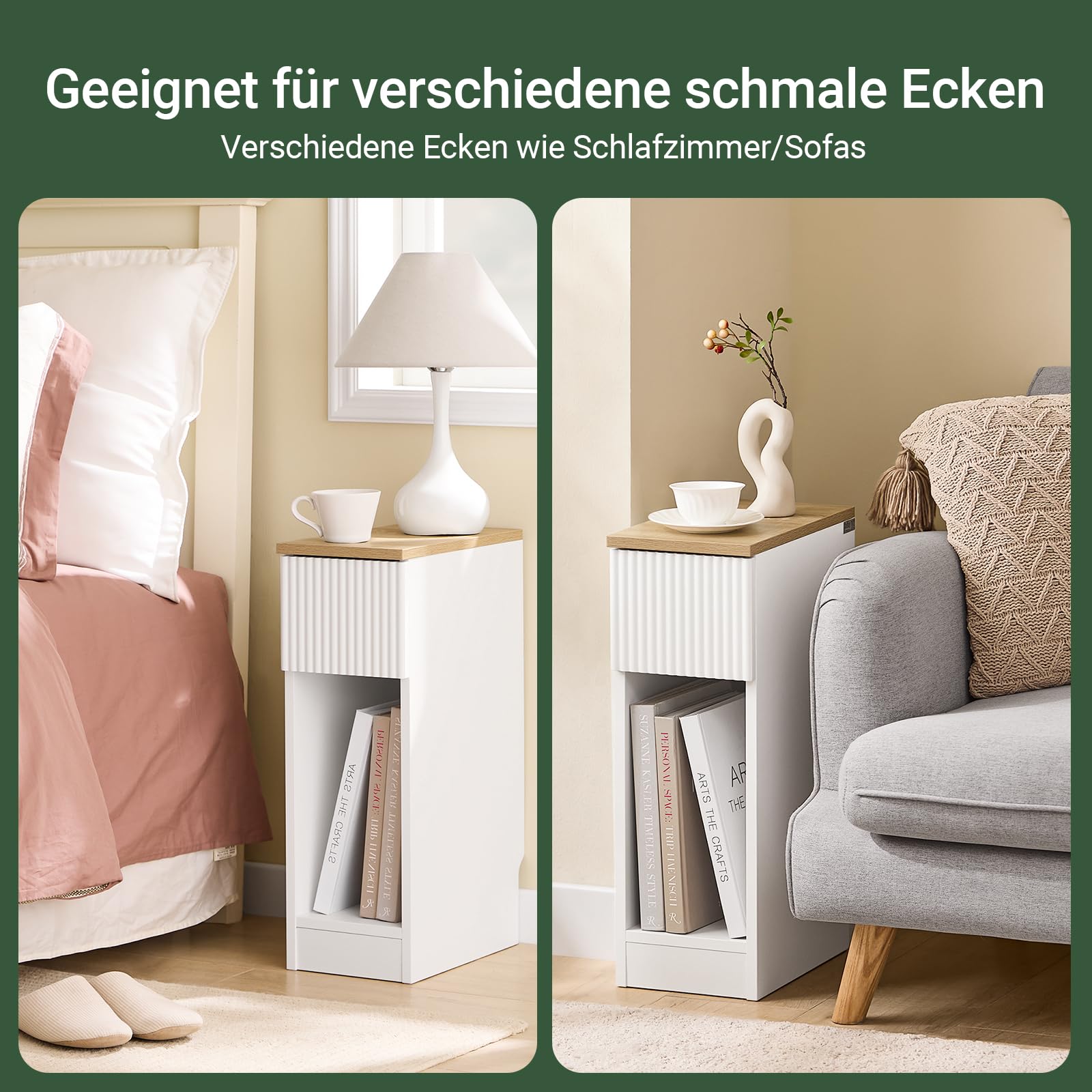 SoBuy Nachttisch schmal 20cm mit wellenförmige Schubladenfront, 20x35x60cm | Nachtschrank Beistelltisch mit Sockelleisten-Design, platzsparend für Schlafzimmer, Wohnzimmer & kleine Räume, Weiß FBT111-W
