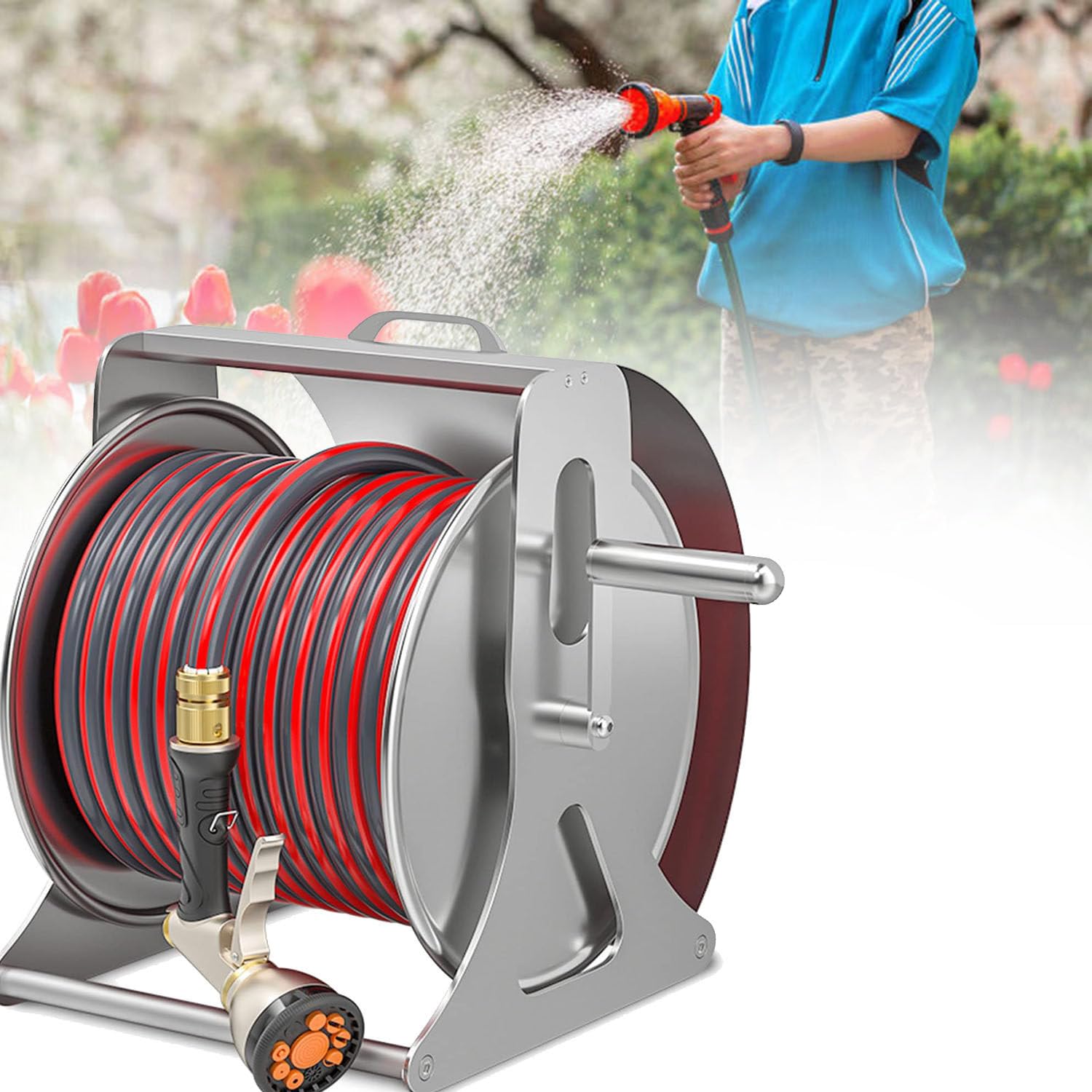Carrete de manguera de jardín montado en la pared, soporte de manguera de metal resistente, se adapta a mangueras de 10-50 m, incluye pistola de agua multifunción, ideal para riego al aire libre