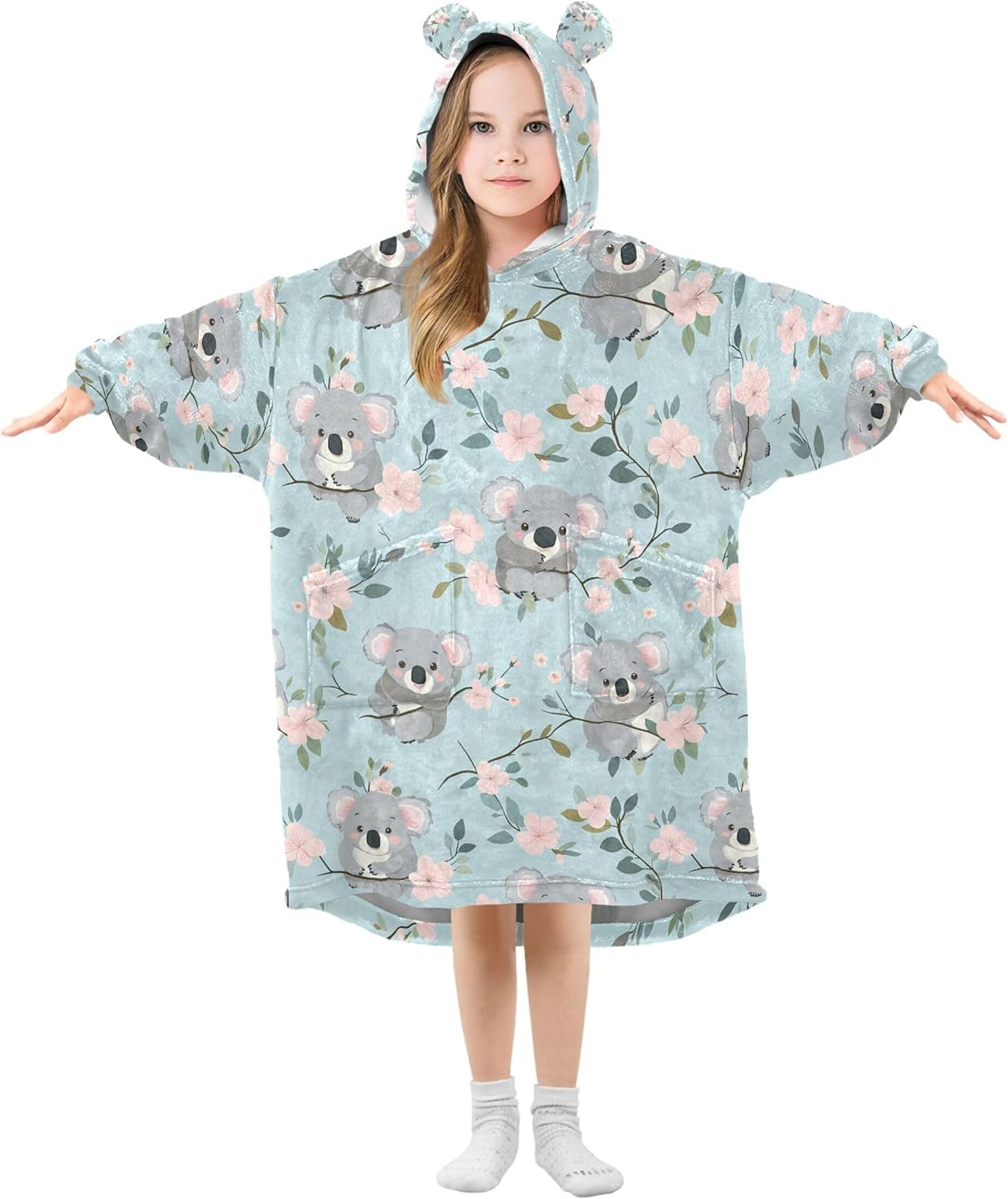 Cute Koala Kids Wearable Blanket Hoodie with Pocket and Sleeves for Toddlers, Cute Hoodies Girls Boys B0404149