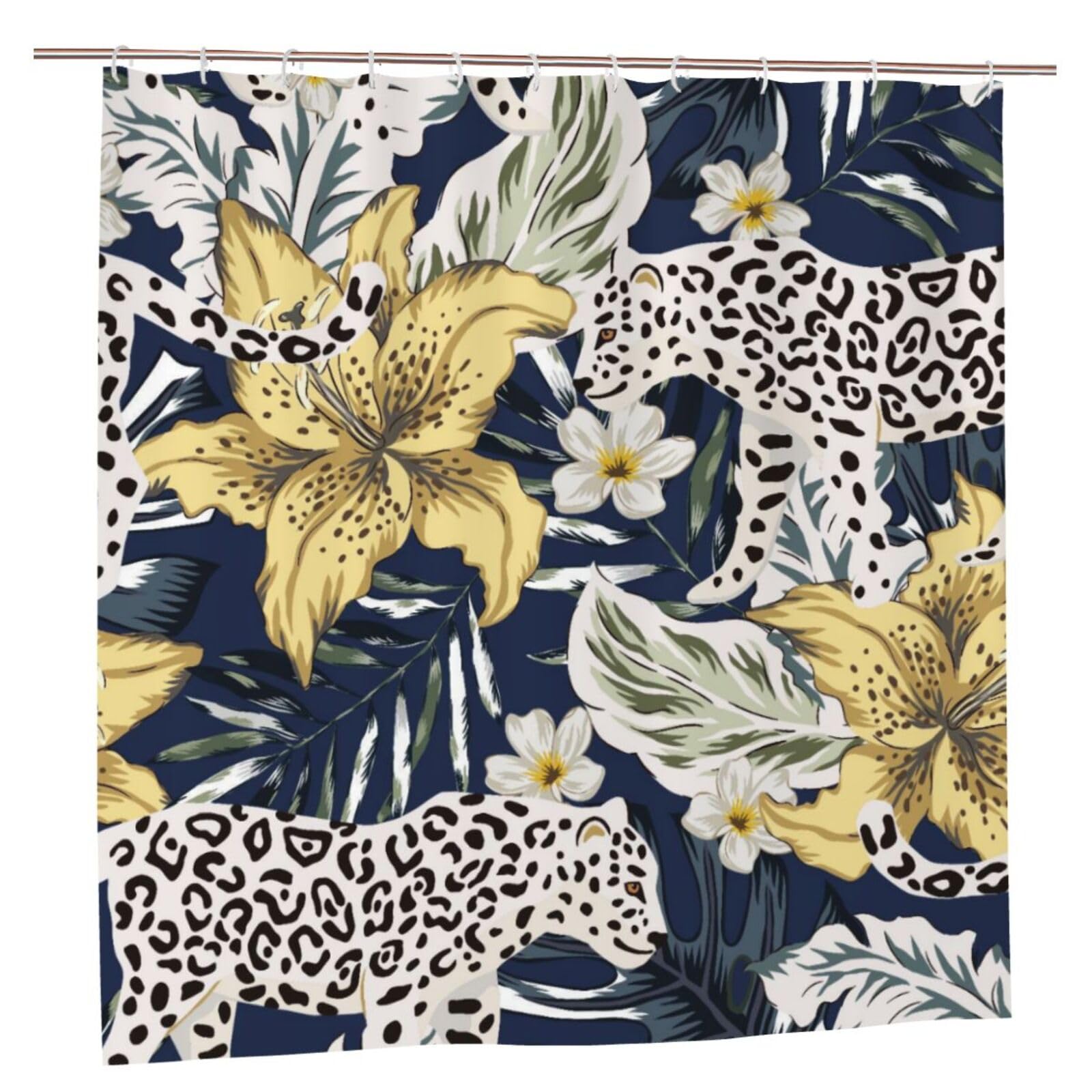 Oudrspo Polyester Fabric Shower Curtain - 70x70 Inch with Metal Grommets, Artistic Privacy Design, Tropical Leopard Animal Lily Flowers Palm Leaves Black Background