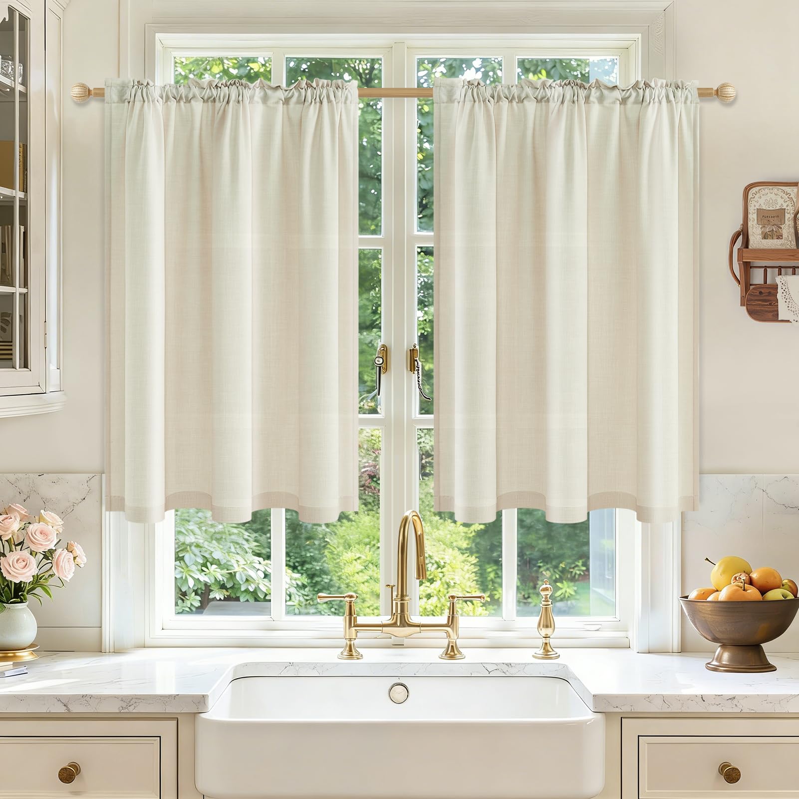 MRTREES Tende Finestra Cucina Vetro Beige Corte in Lino Semitrasparenti, Tende con Passanti per Piccole Porta Finestre Bagno Sotto Lavello Davanzale Armadietto, 60x90 cm, 2 Pezzi