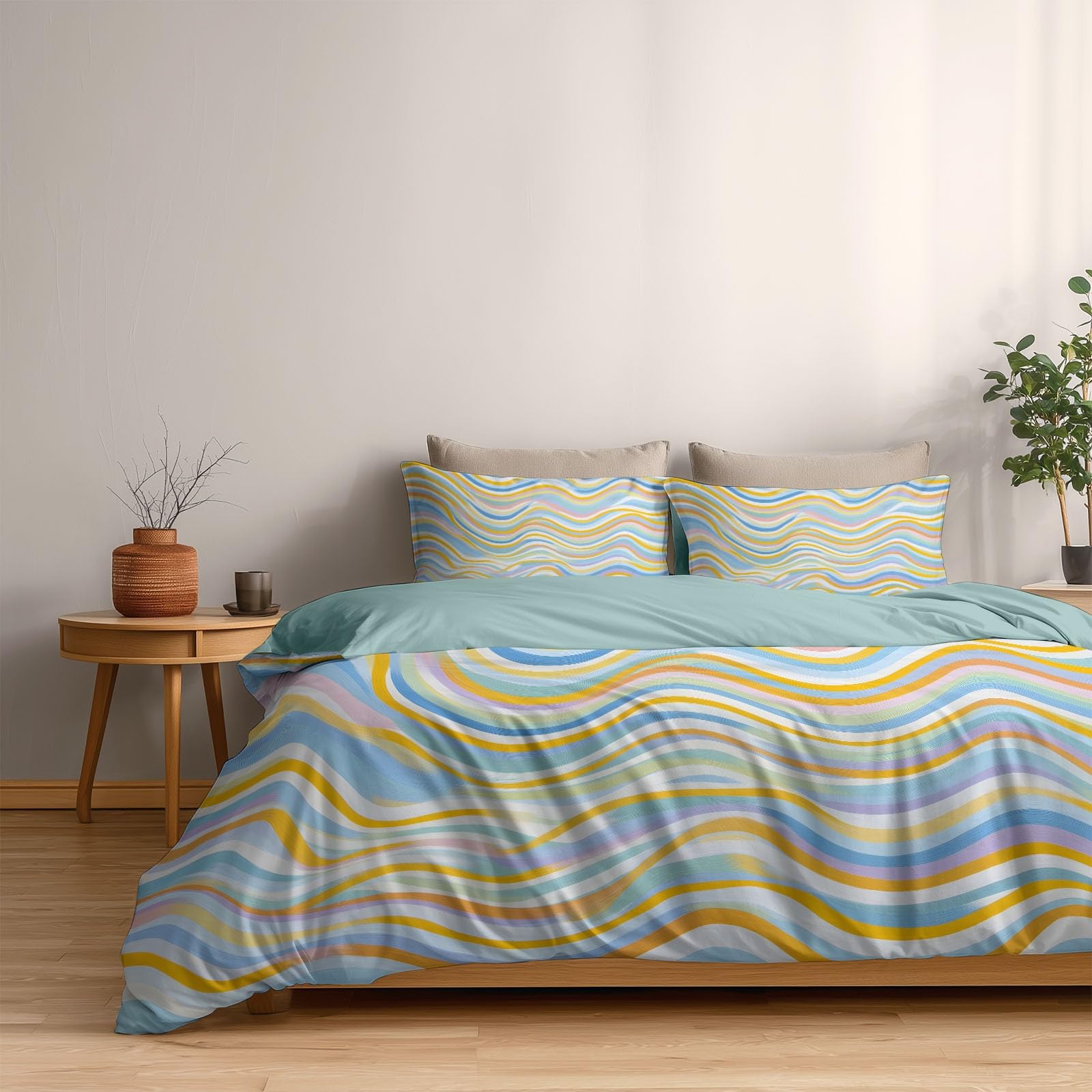 Pop Art Stil 3-teiliges Bettwäsche-Set, Minze 1 Bettbezug 200 x 200 cm und 2 Kissenbezüge 80 x 80 cm, Bunte WellenlinienWeiche Mikrofaser, Reißverschluss, Ganzjahres