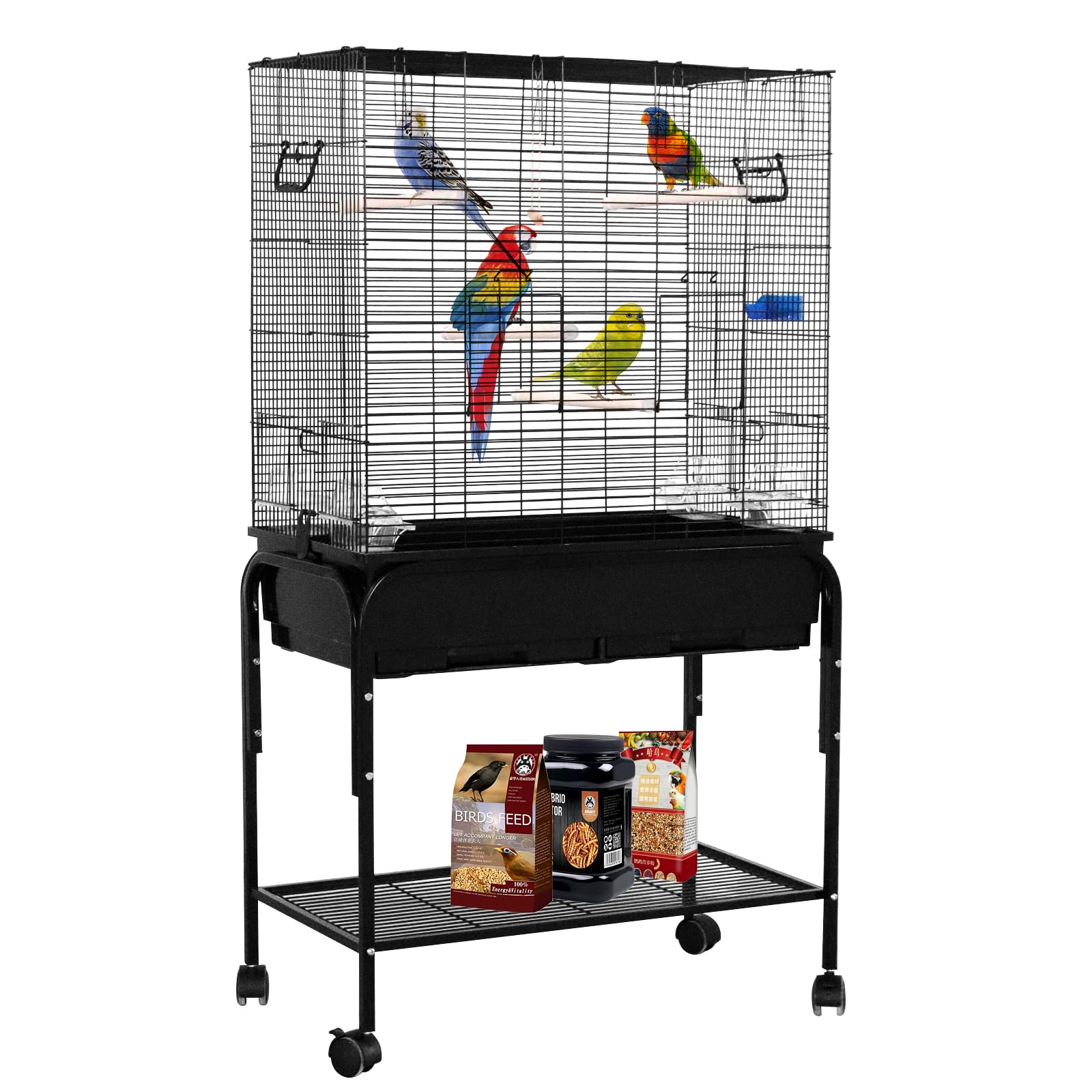 42" Single Stackable Deep & Wide Breeding Center Divider Nest Box Bird Rolling Stand Cage Divided Breeder Parakeet Bird Cage for Canary Cockatiel Parrot Lovebird (Black 130x73.5x39.5cm)