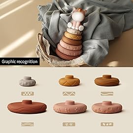 Nueplay 7 Pcs Stacking & Nesting Baby Toys, Squeeze Teething Toys and Building Circle with Pink Horse Figure, Newborn Essentials for 6 12 18 Months Toddler Girls