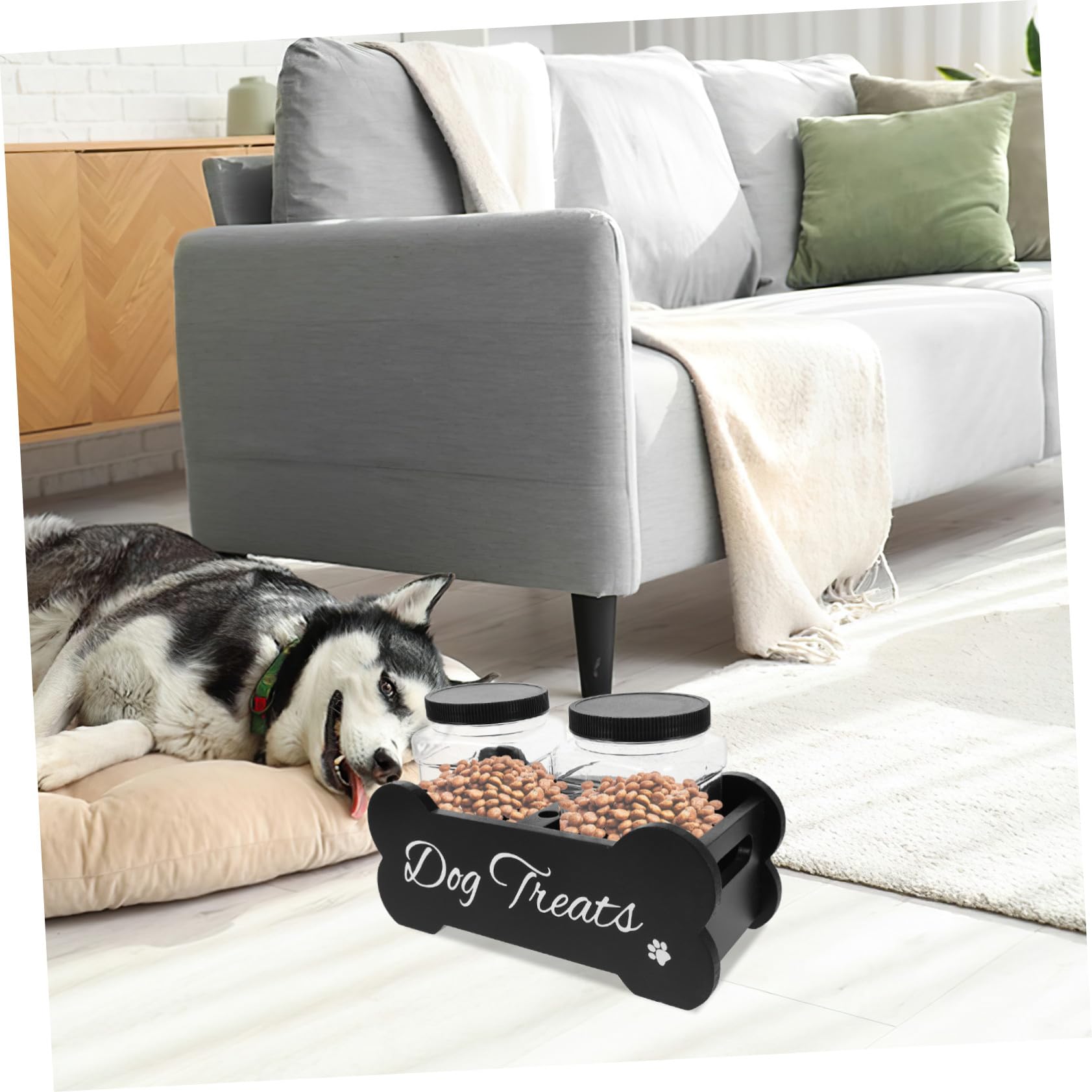 Holz Hundeleckerli Aufbewahrungsbox mit Fächern Großer Vorratsbehälter für Haustierfutter Natürlicher Snackhalter Robustes Design für Küche und Wohnzimmer Praktischer Organizer
