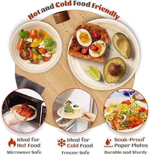 Miniatura 3 de DecorWoo Juego de 300 platos de papel compostables, platos ecológicos resistentes y utensilios biodegradables, incluye tenedores, cuchillos,