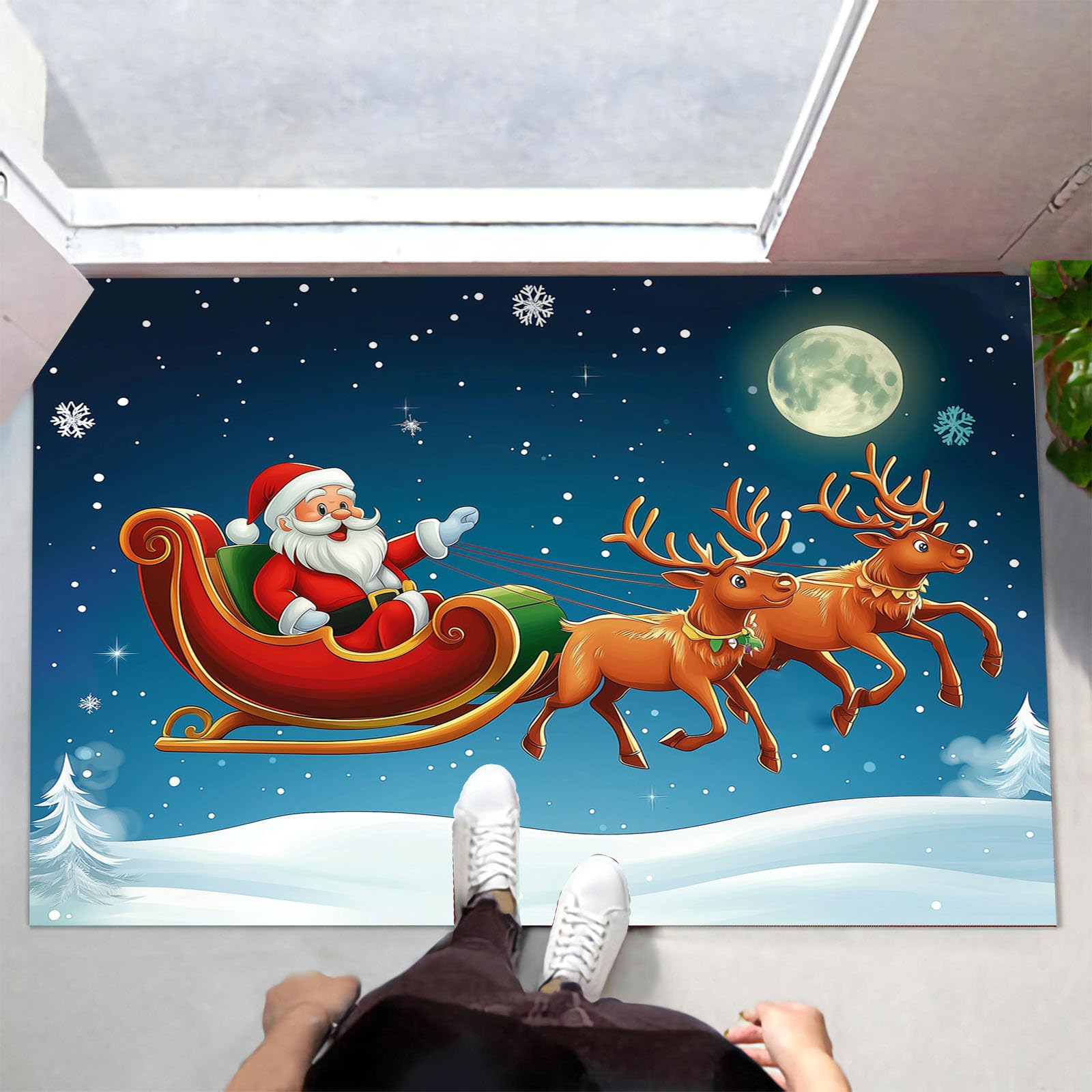 Felpudo Entrada Navidad 90 x 150 cm, Alfombra Entrada Casa Interior Antideslizante Papá Noel, Lavable Felpudo de Alfombrilla Renos Trineo, Interior Tapete Azul